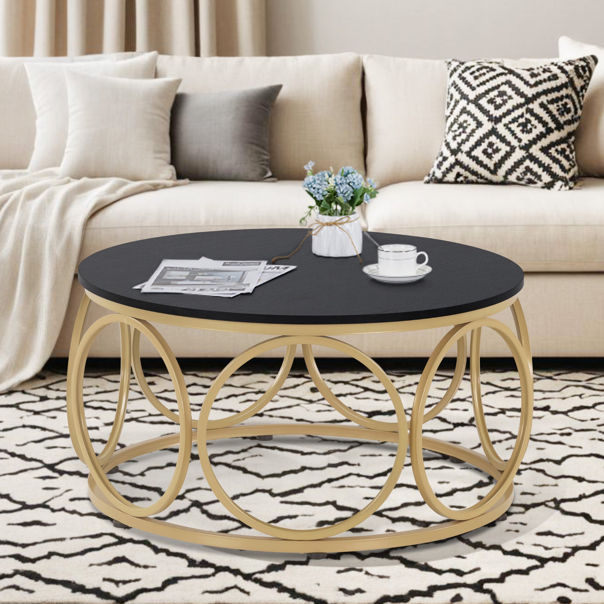 Salontafel Rond Hout, Modern Sofatafel Marmer Wit Goud, Bijzettafel Woonkamer – foto 9