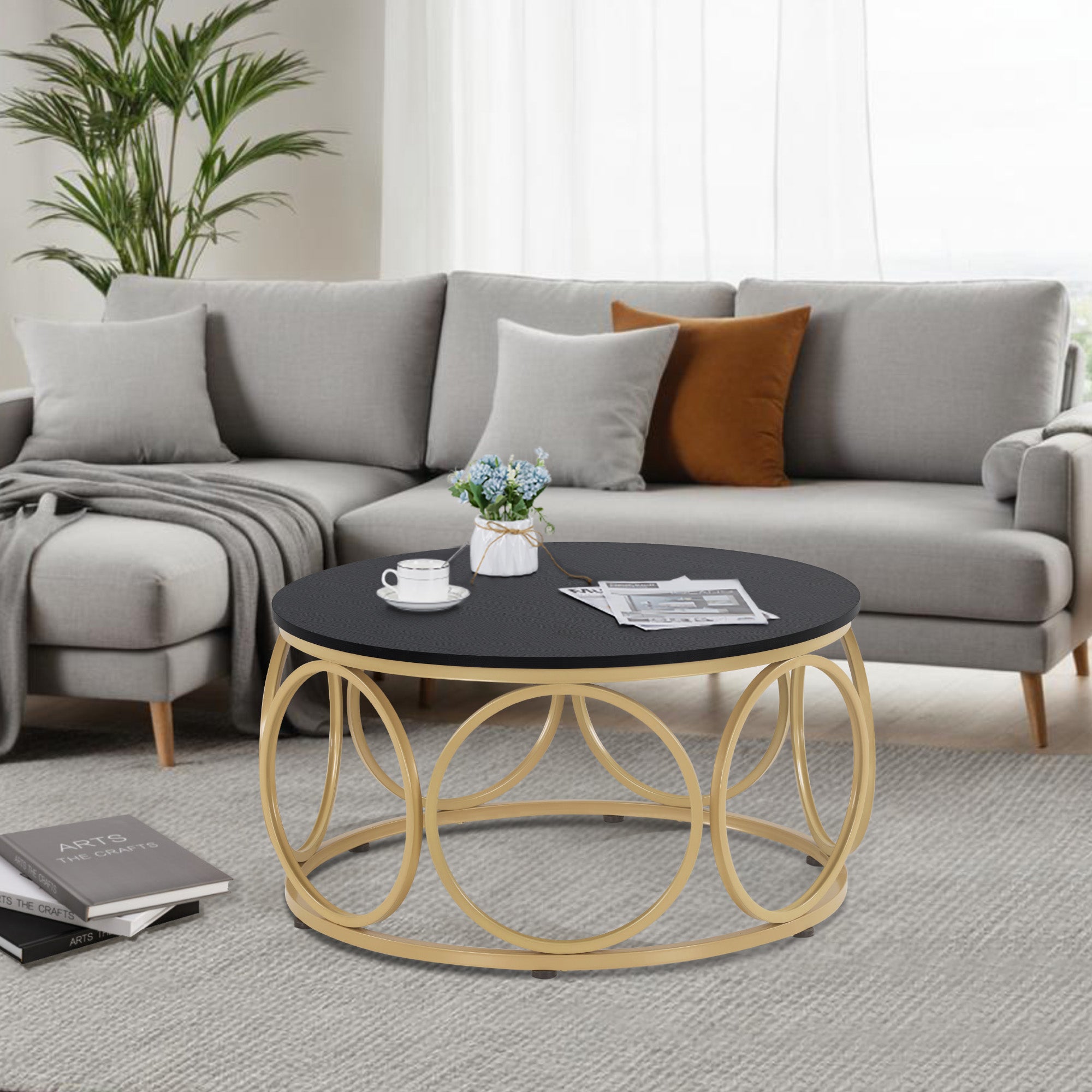 Salontafel Rond Hout, Modern Sofatafel Marmer Wit Goud, Bijzettafel Woonkamer – foto 10