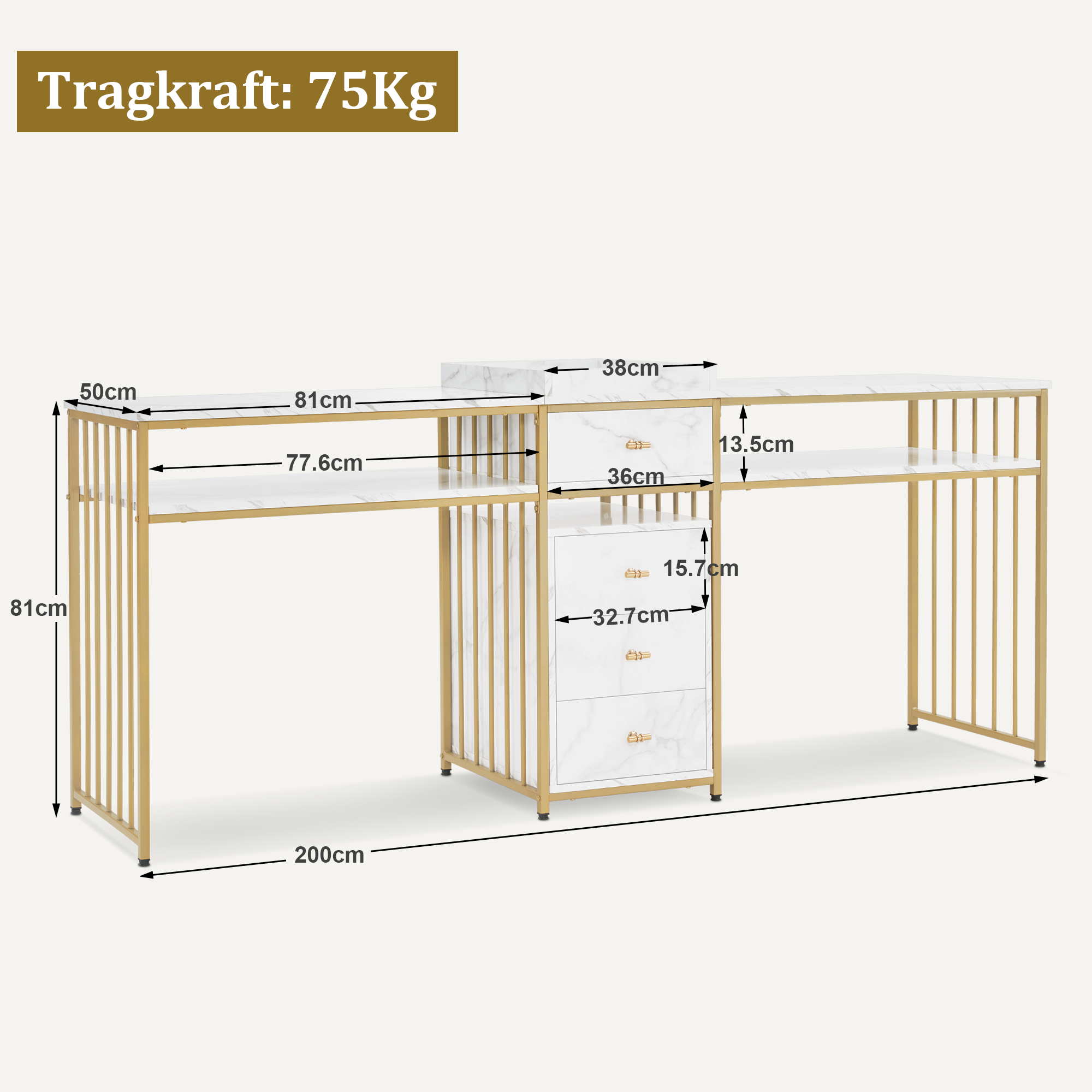 Dubbele Nageltafel met Lades, Marmer Wit-Goud, Manicure/Kaptafel 50x200x86 cm, 2413 – foto 3