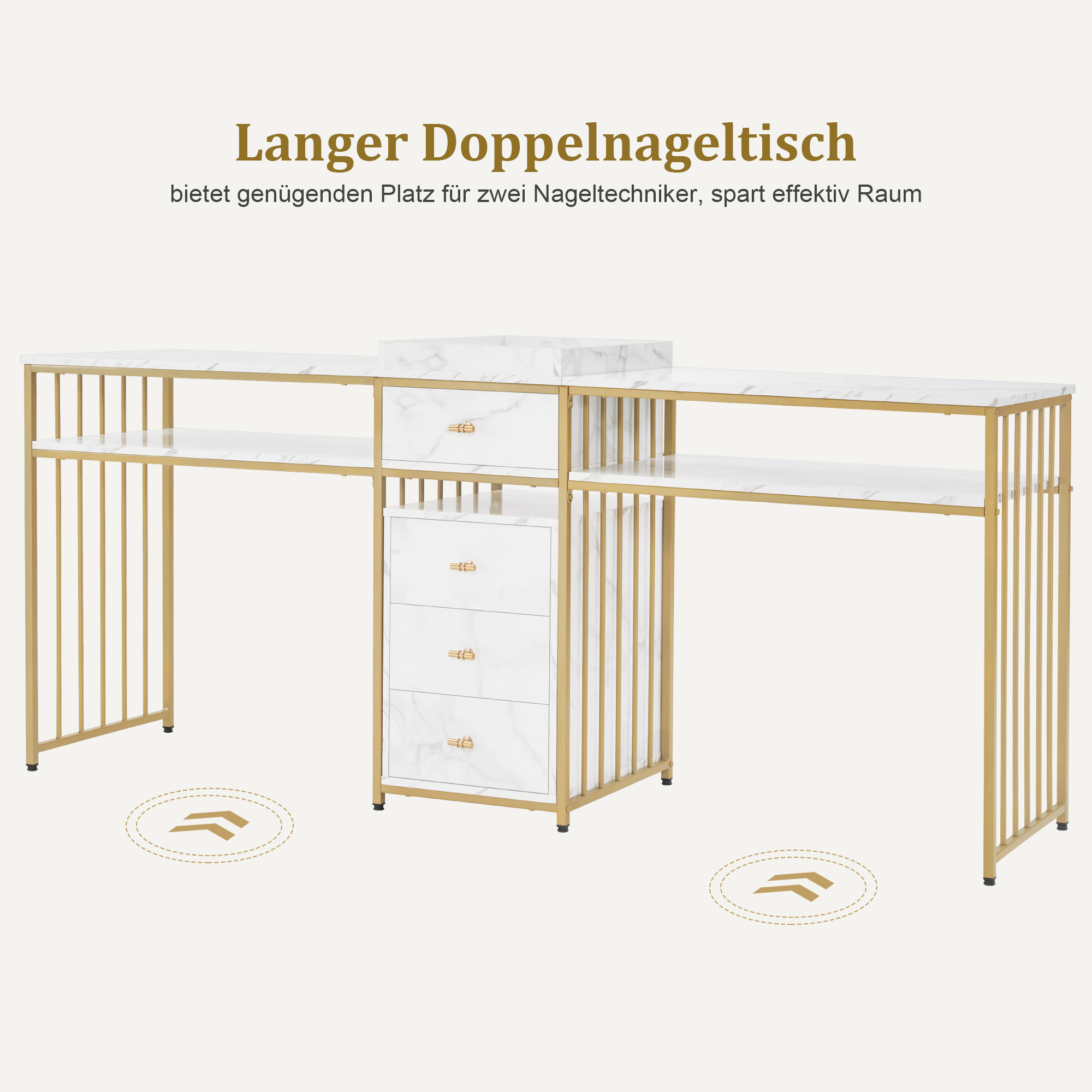 Dubbele Nageltafel met Lades, Marmer Wit-Goud, Manicure/Kaptafel 50x200x86 cm, 2413 – foto 4