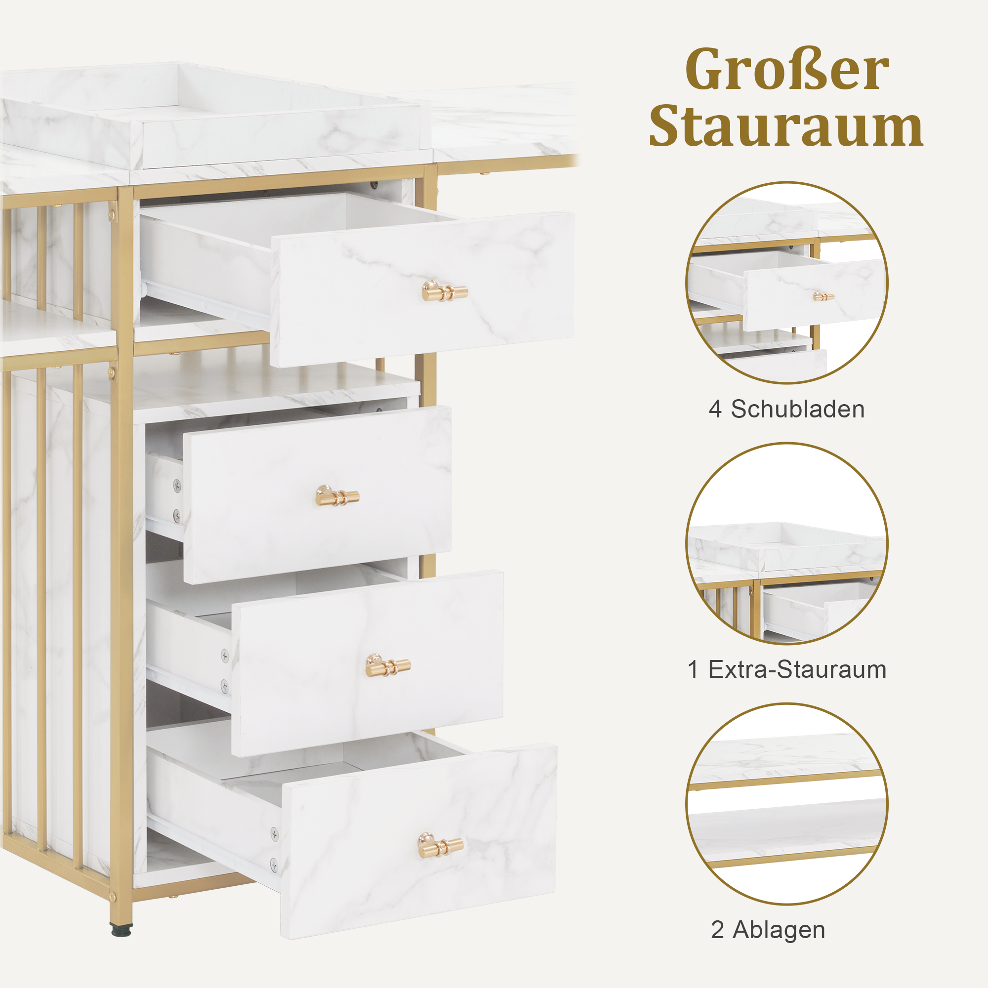 Dubbele Nageltafel met Lades, Marmer Wit-Goud, Manicure/Kaptafel 50x200x86 cm, 2413 – foto 5