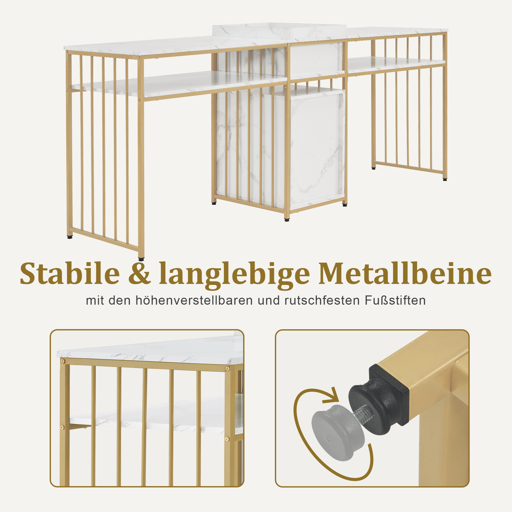 Dubbele Nageltafel met Lades, Marmer Wit-Goud, Manicure/Kaptafel 50x200x86 cm, 2413 – foto 6
