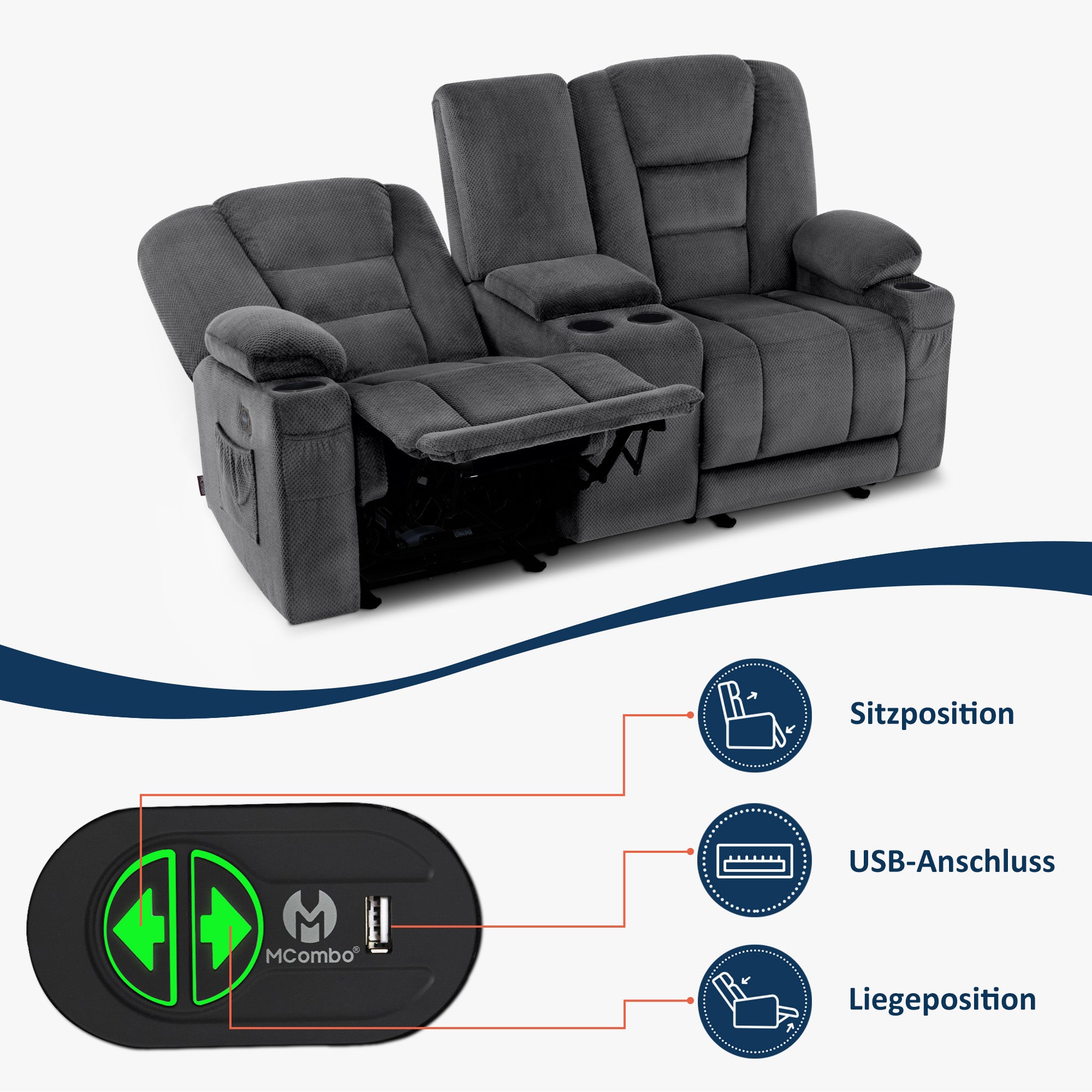 elektrische slaapbank, 2/3-zits relaxbank met 150° verstelbare knop, thuisbioscoopstoel, USB & bekerhouders, 7009 (Grijs) – foto 12