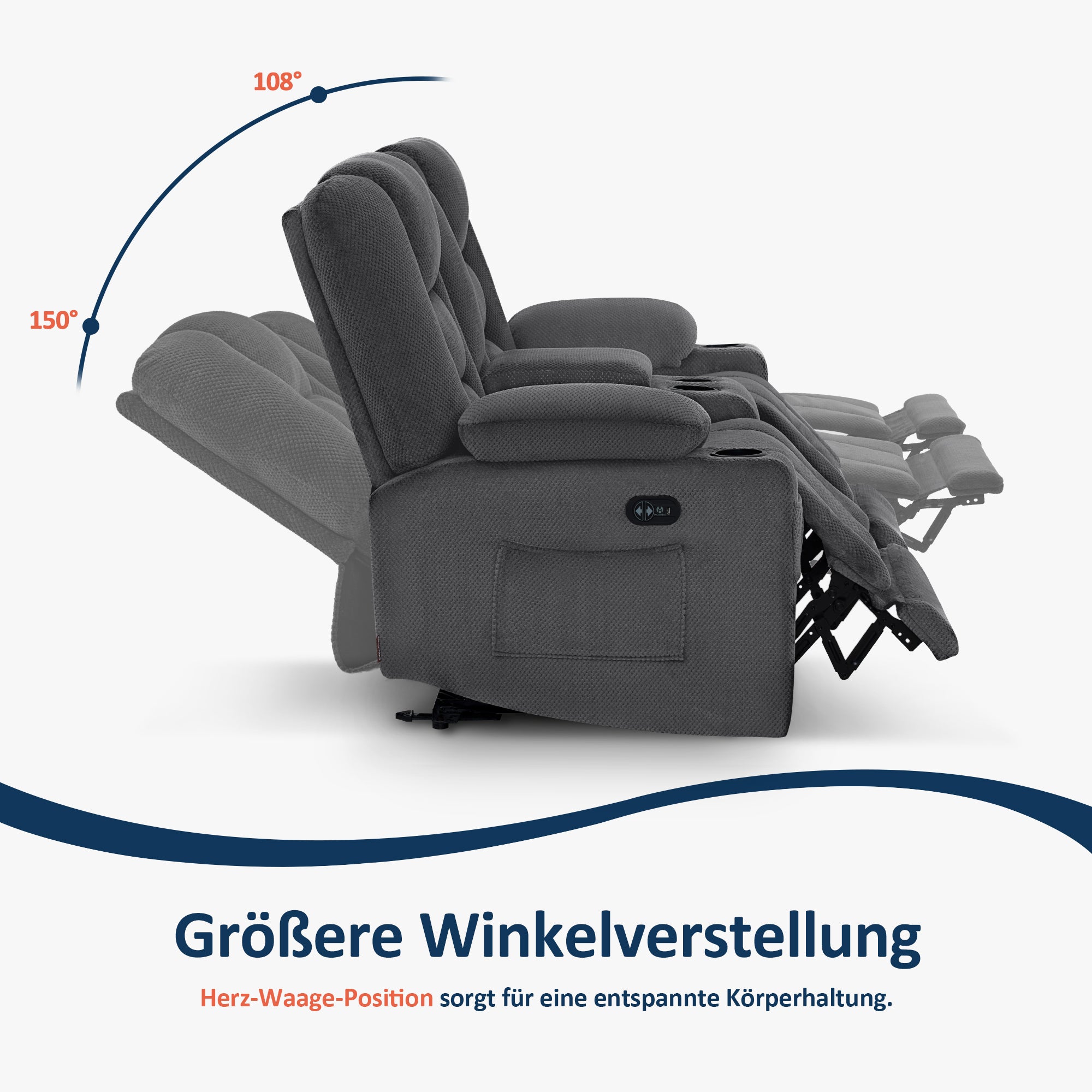 elektrische slaapbank, 2/3-zits relaxbank met 150° verstelbare knop, thuisbioscoopstoel, USB & bekerhouders, 7009 (Grijs) – foto 13