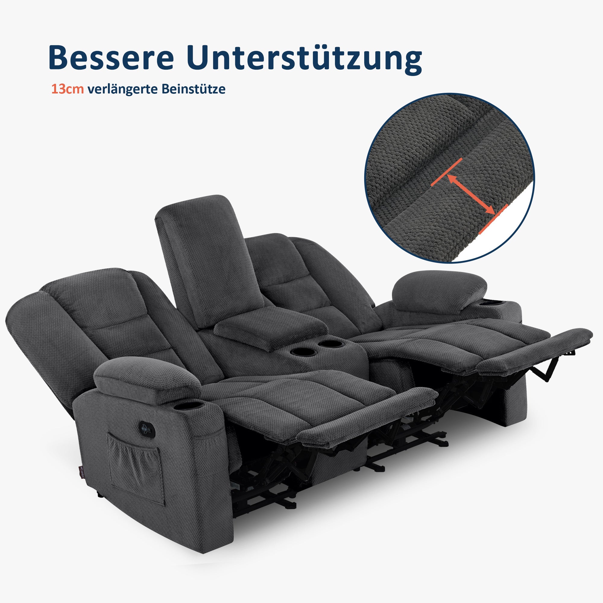 elektrische slaapbank, 2/3-zits relaxbank met 150° verstelbare knop, thuisbioscoopstoel, USB & bekerhouders, 7009 (Grijs) – foto 14