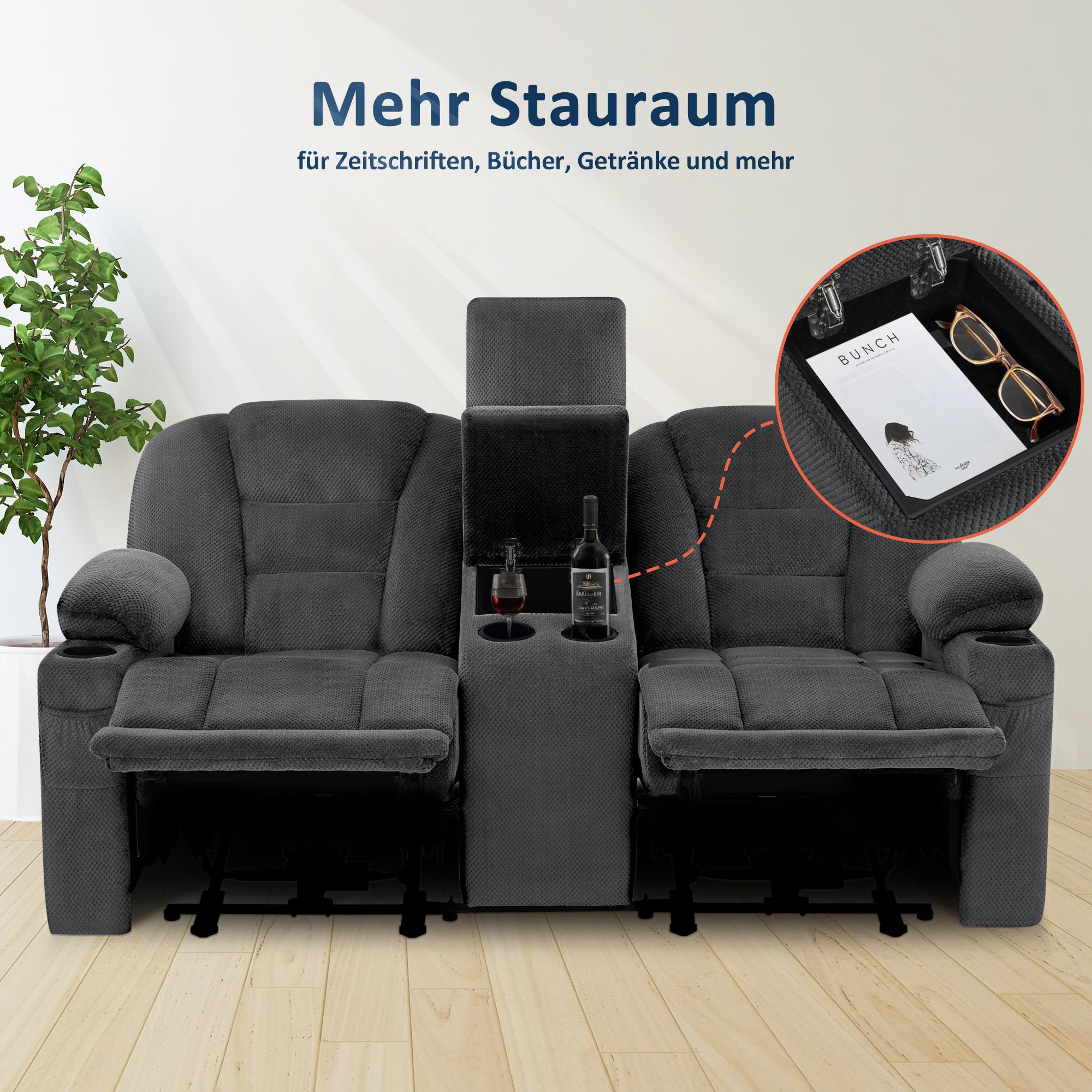 elektrische slaapbank, 2/3-zits relaxbank met 150° verstelbare knop, thuisbioscoopstoel, USB & bekerhouders, 7009 (Grijs) – foto 15