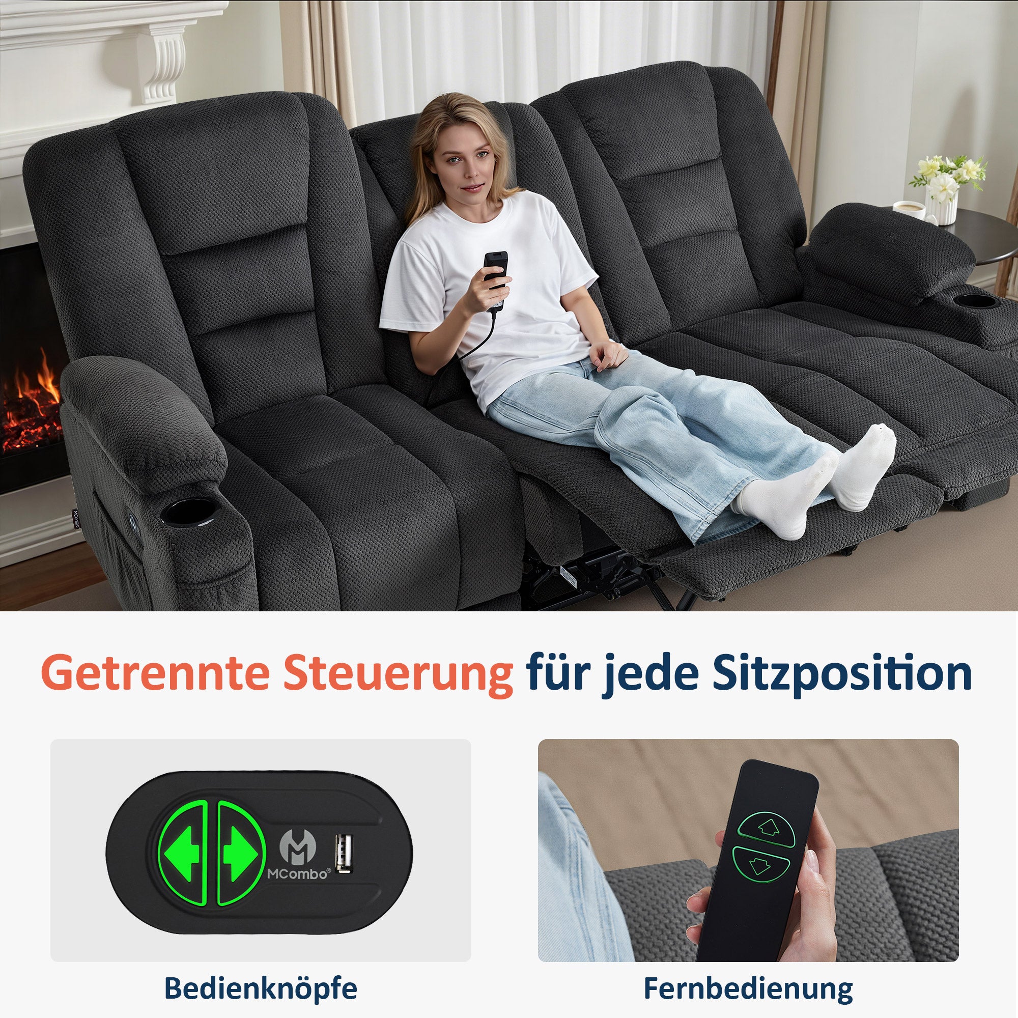 elektrische slaapbank, 2/3-zits relaxbank met 150° verstelbare knop, thuisbioscoopstoel, USB & bekerhouders, 7009 (Grijs) – foto 19