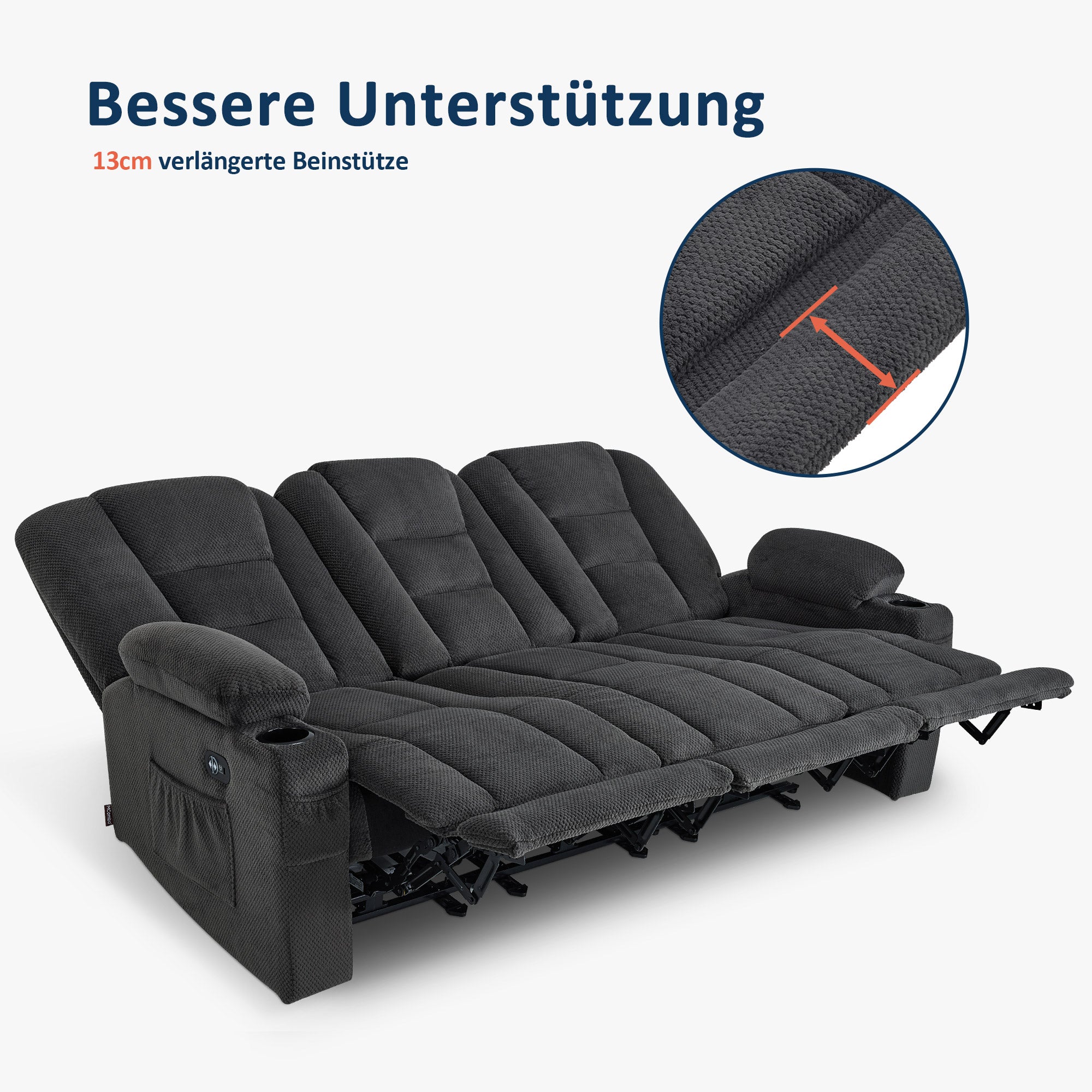 elektrische slaapbank, 2/3-zits relaxbank met 150° verstelbare knop, thuisbioscoopstoel, USB & bekerhouders, 7009 (Grijs) – foto 20