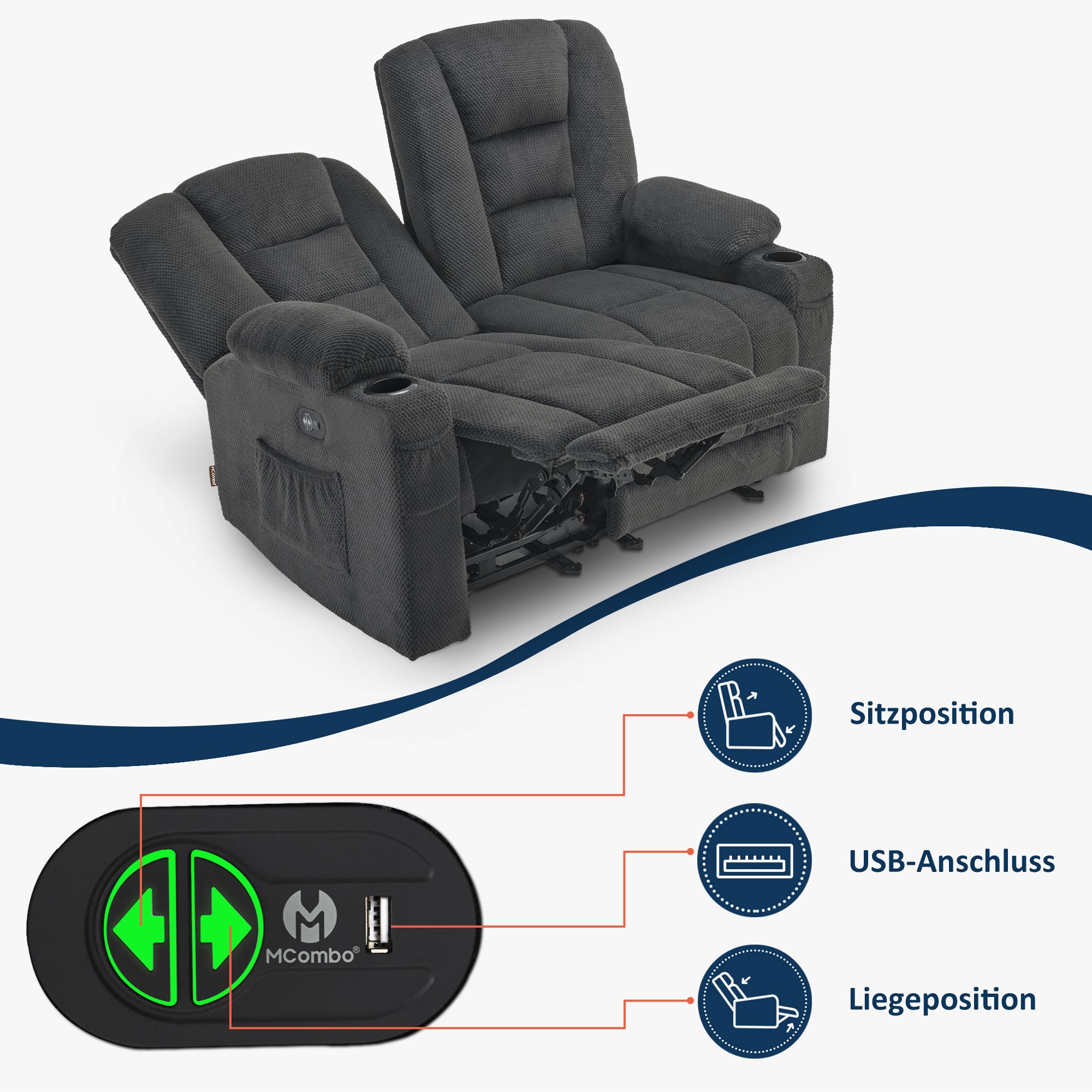 elektrische slaapbank, 2/3-zits relaxbank met 150° verstelbare knop, thuisbioscoopstoel, USB & bekerhouders, 7009 (Grijs) – foto 4
