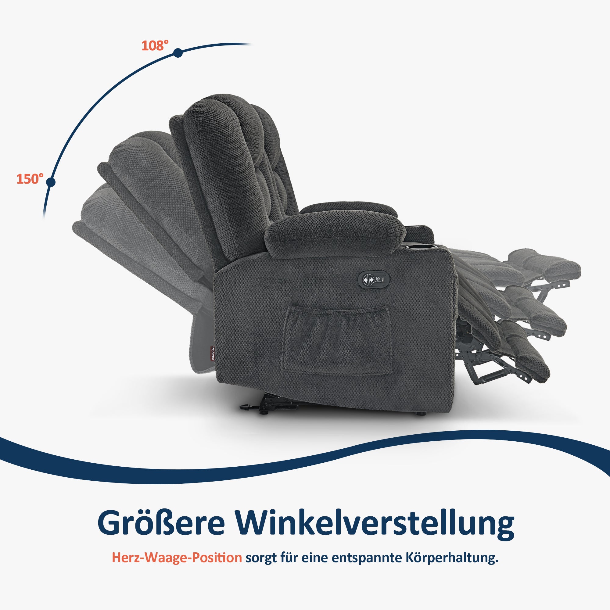 elektrische slaapbank, 2/3-zits relaxbank met 150° verstelbare knop, thuisbioscoopstoel, USB & bekerhouders, 7009 (Grijs) – foto 5