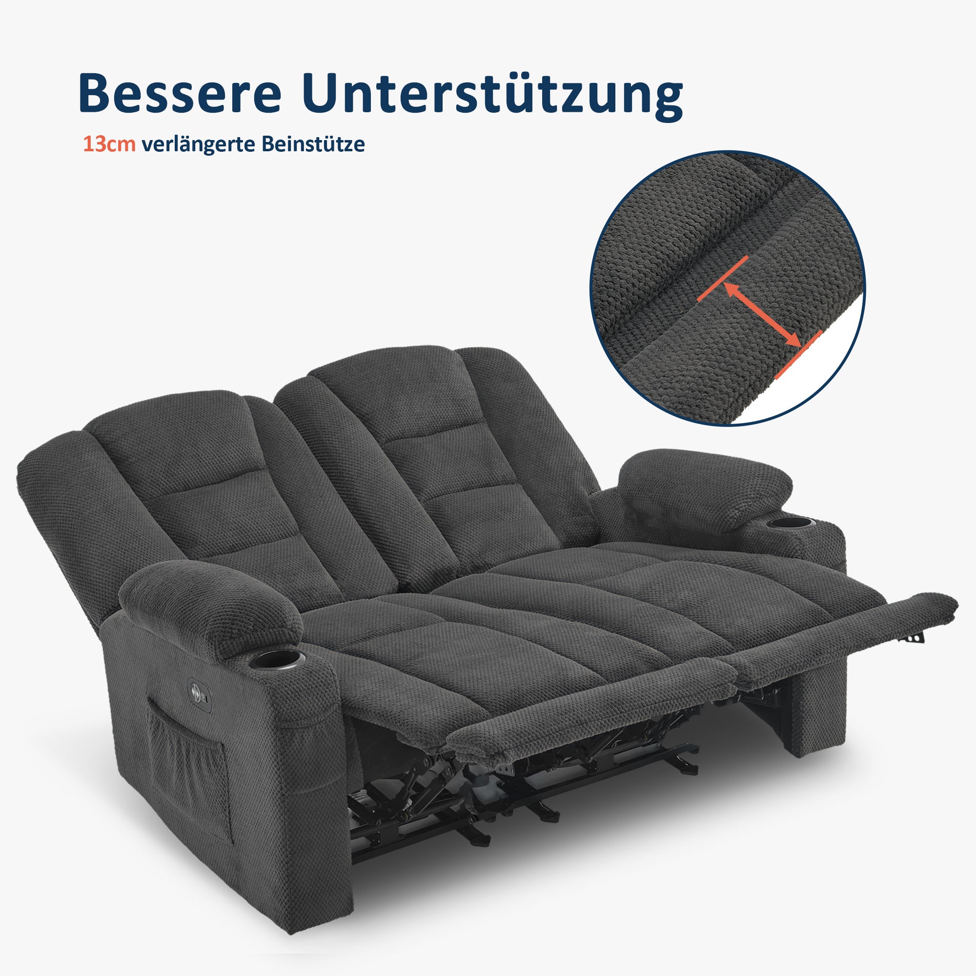 elektrische slaapbank, 2/3-zits relaxbank met 150° verstelbare knop, thuisbioscoopstoel, USB & bekerhouders, 7009 (Grijs) – foto 6
