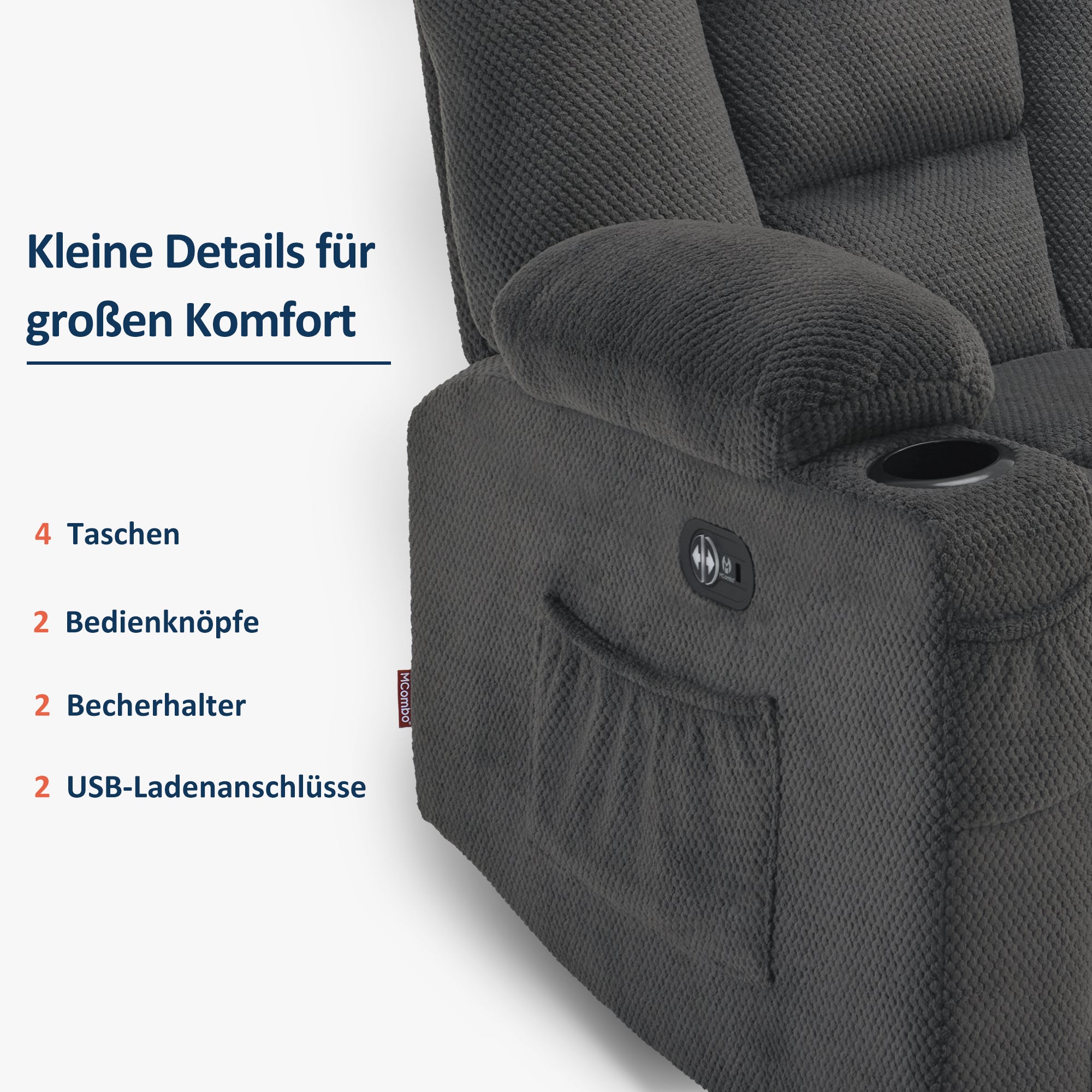 elektrische slaapbank, 2/3-zits relaxbank met 150° verstelbare knop, thuisbioscoopstoel, USB & bekerhouders, 7009 (Grijs) – foto 7