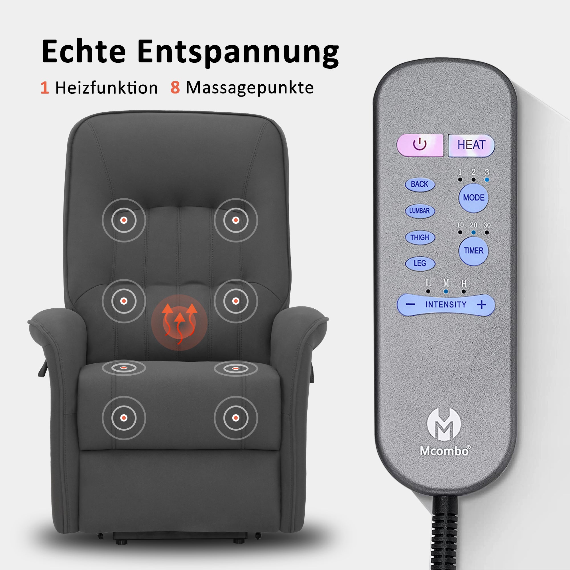 Relaxfauteuil met Opstahulp Elektrisch 2 Motoren, Massage & Verwarming, Grijs – foto 6