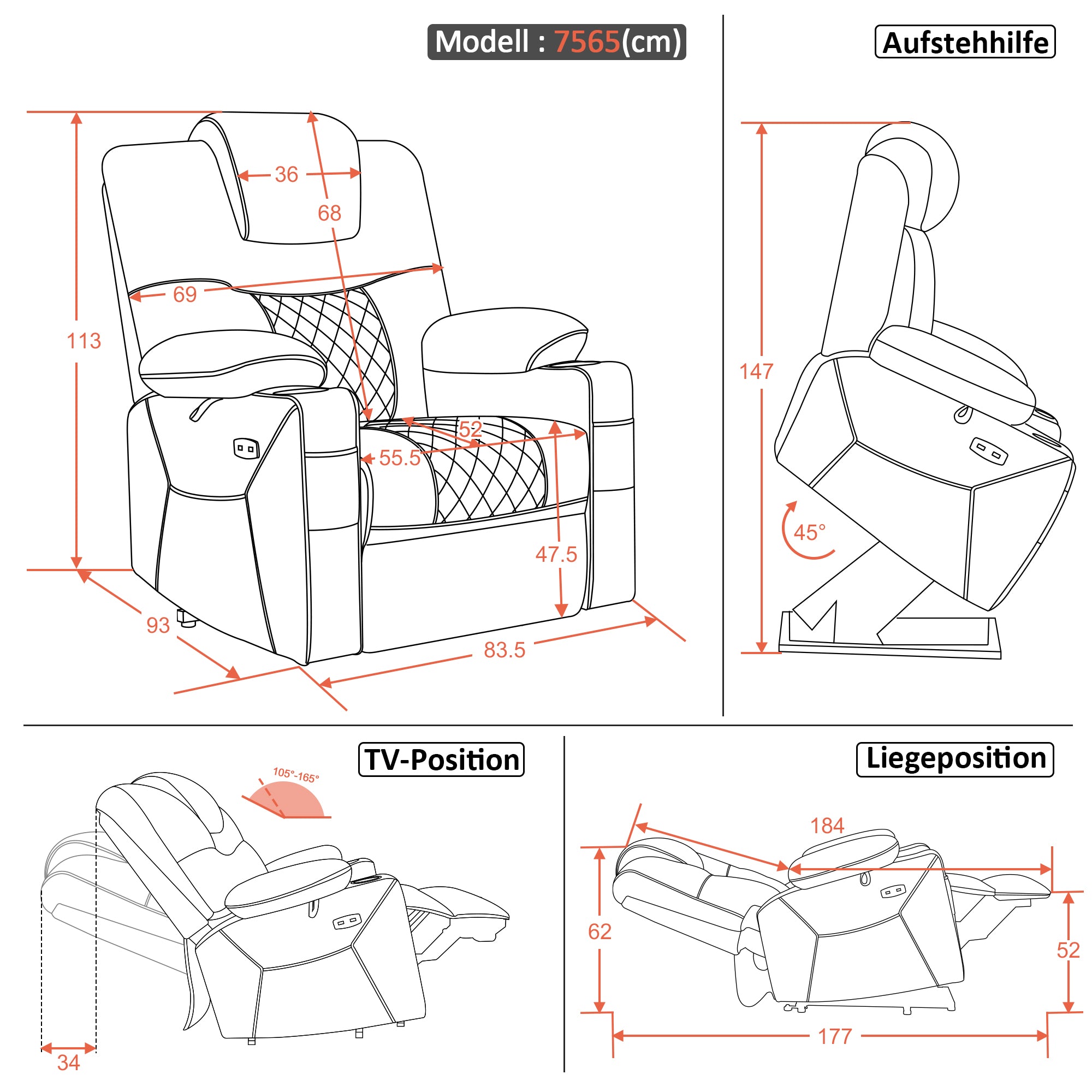 TV-fauteuil met elektrische sta-op hulp, Relaxfauteuil met massage & warmtefunctie – foto 8