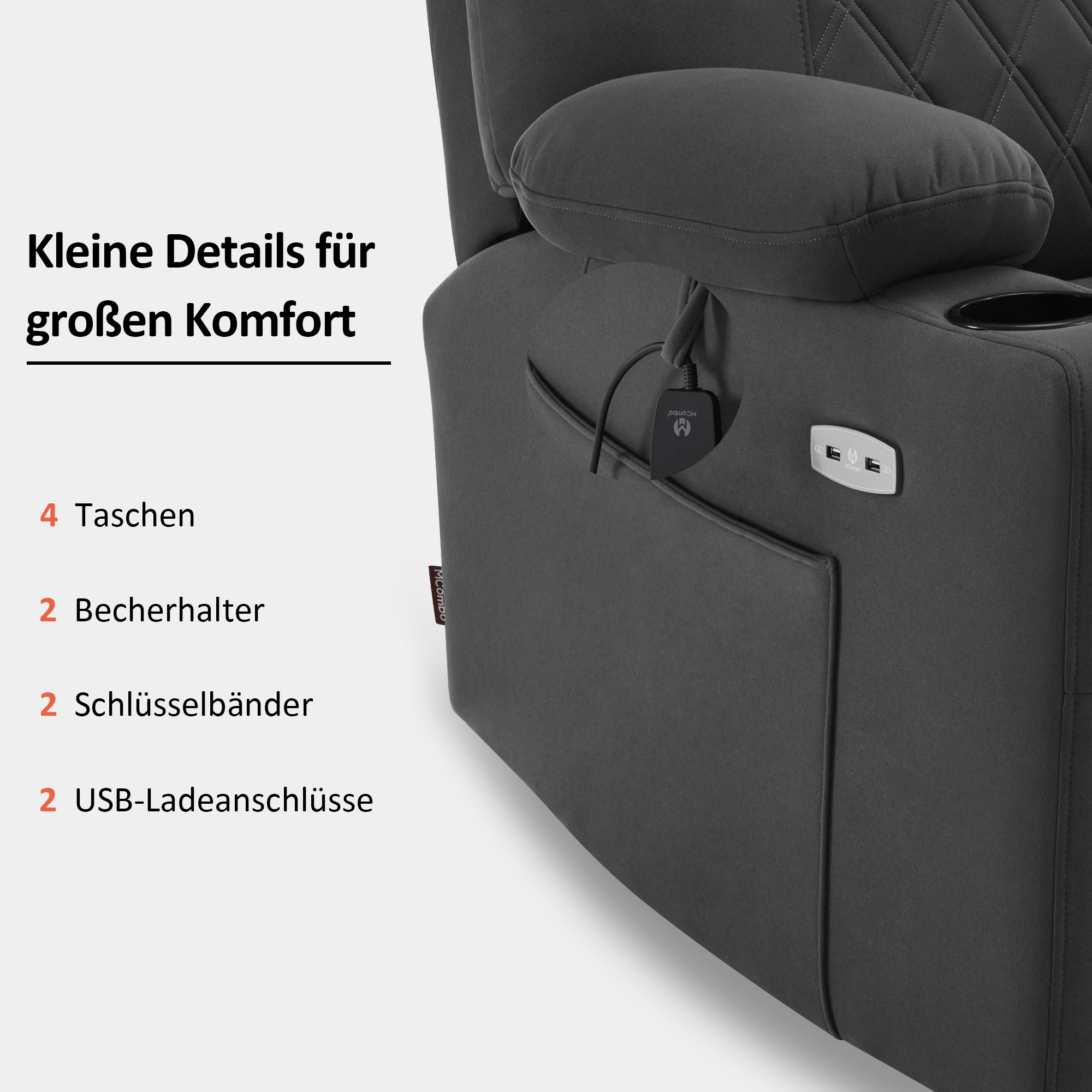 TV-fauteuil met elektrische sta-op hulp, relaxfauteuil, rugleuning & voetensteun apart verstelbaar, seniorenstoel, microvezel, 7501 (Donkergrijs) – foto 5