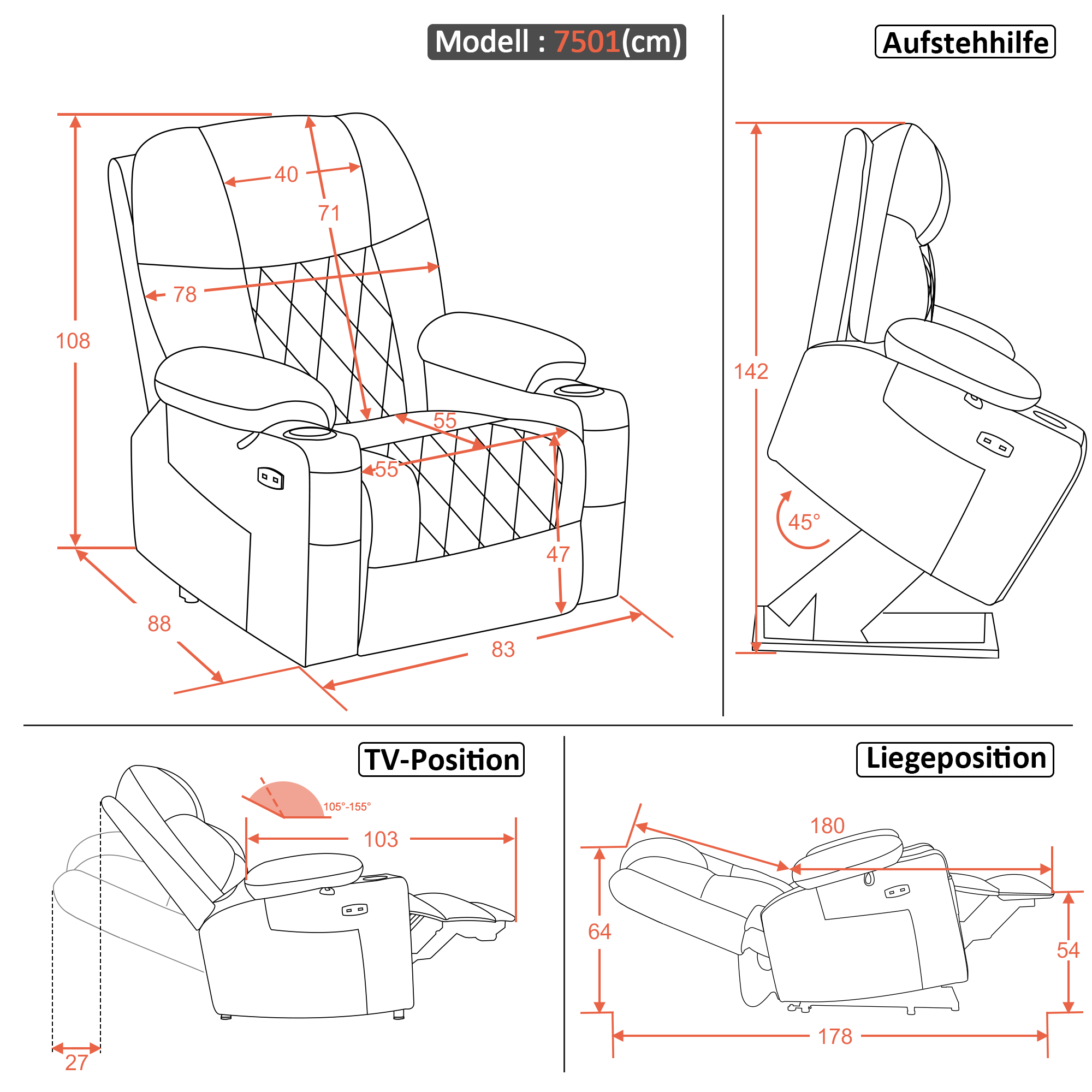 TV-fauteuil met elektrische sta-op hulp, relaxfauteuil, rugleuning & voetensteun apart verstelbaar, seniorenstoel, microvezel, 7501 (Donkergrijs) – foto 8