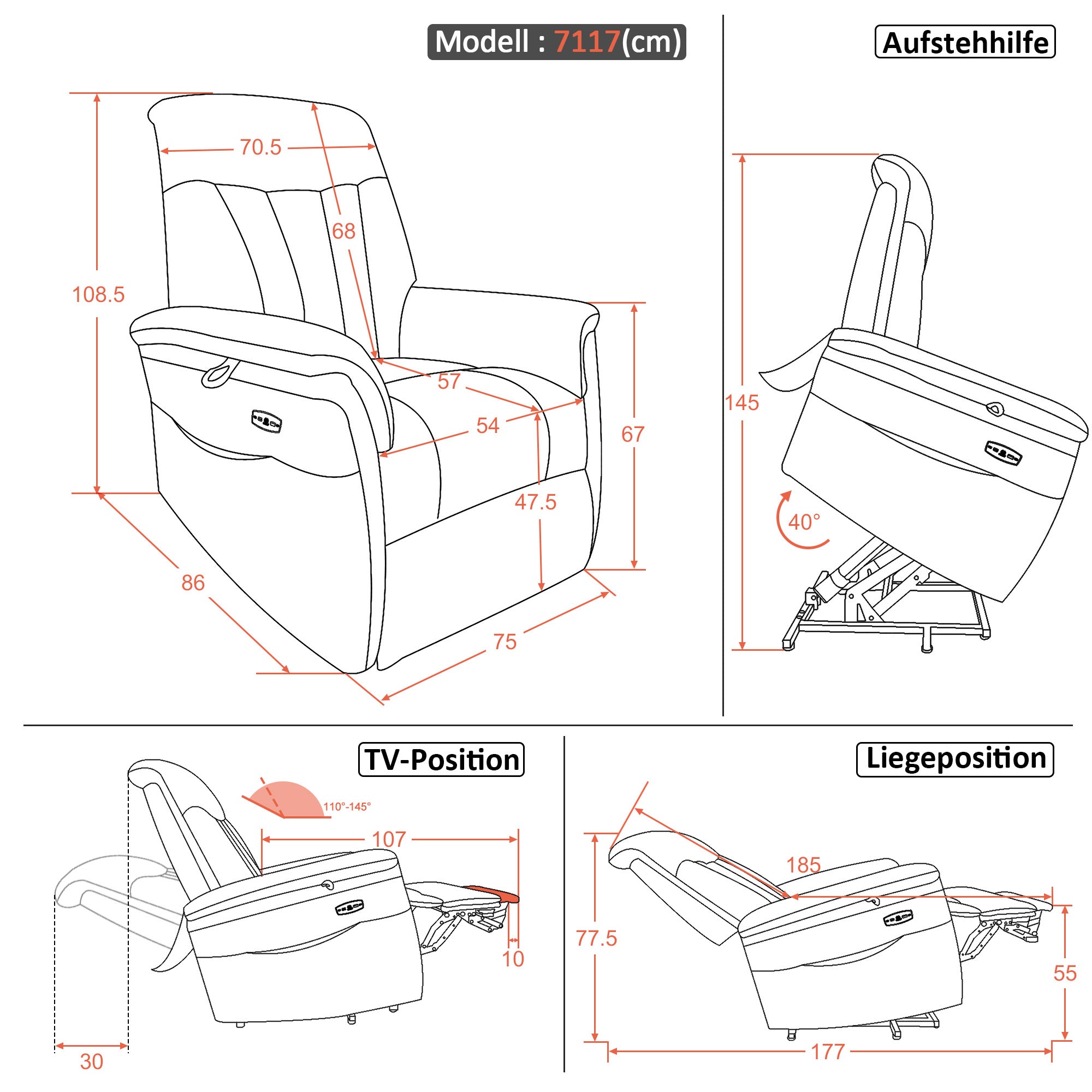 TV-fauteuil met opstahulp elektrisch, relaxstoel met ligfunctie tot 145°, grijs, 7117 – foto 3