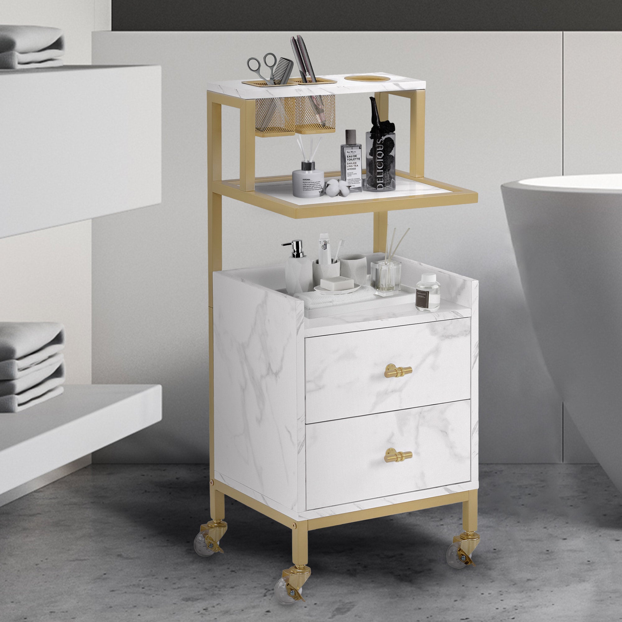 Rolwagen met wielen & 2 lades, Serveerwagen, 2 planken, Modern, 32x37x87cm – foto 16