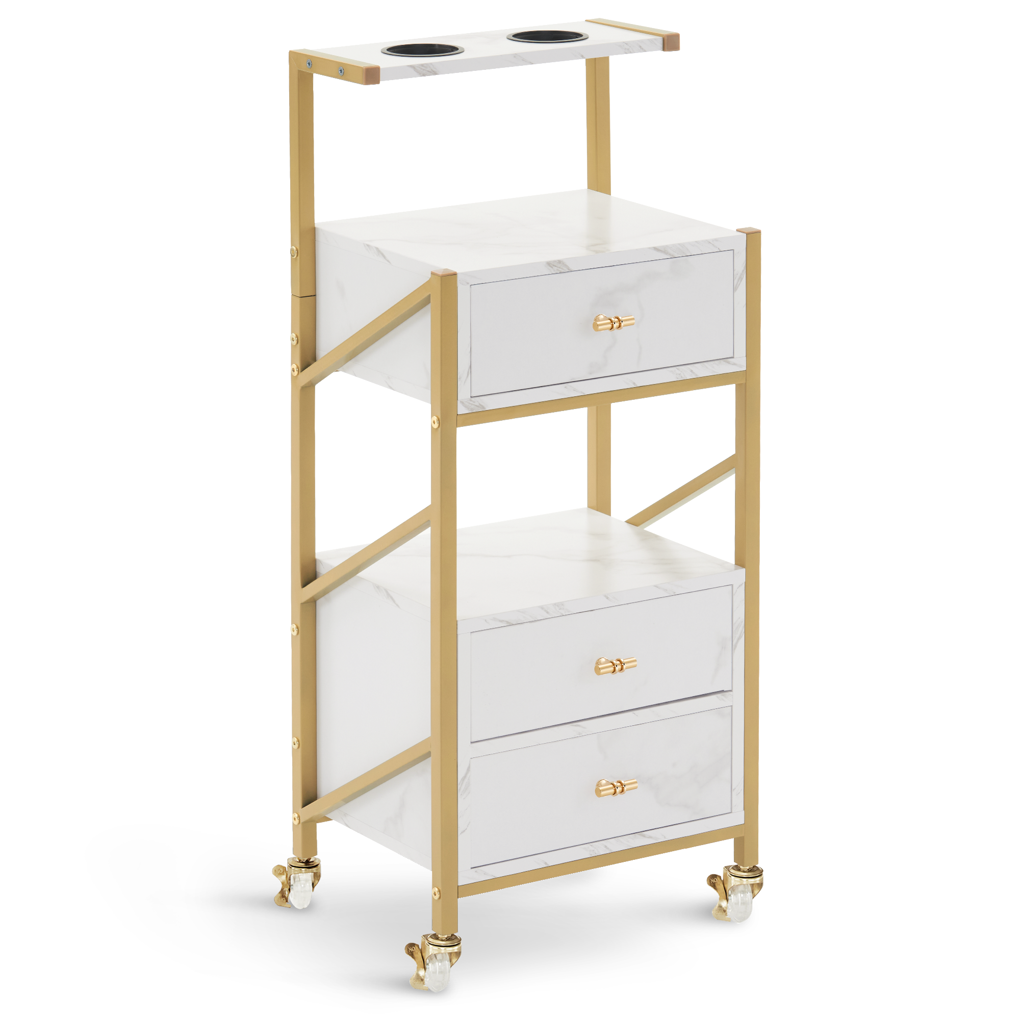 kapperswagen met wielen & 3 lades, wit-goud, salontrolley met 2 planken & 2 föhnhouders, 30x40x97cm, 0048 – foto 1