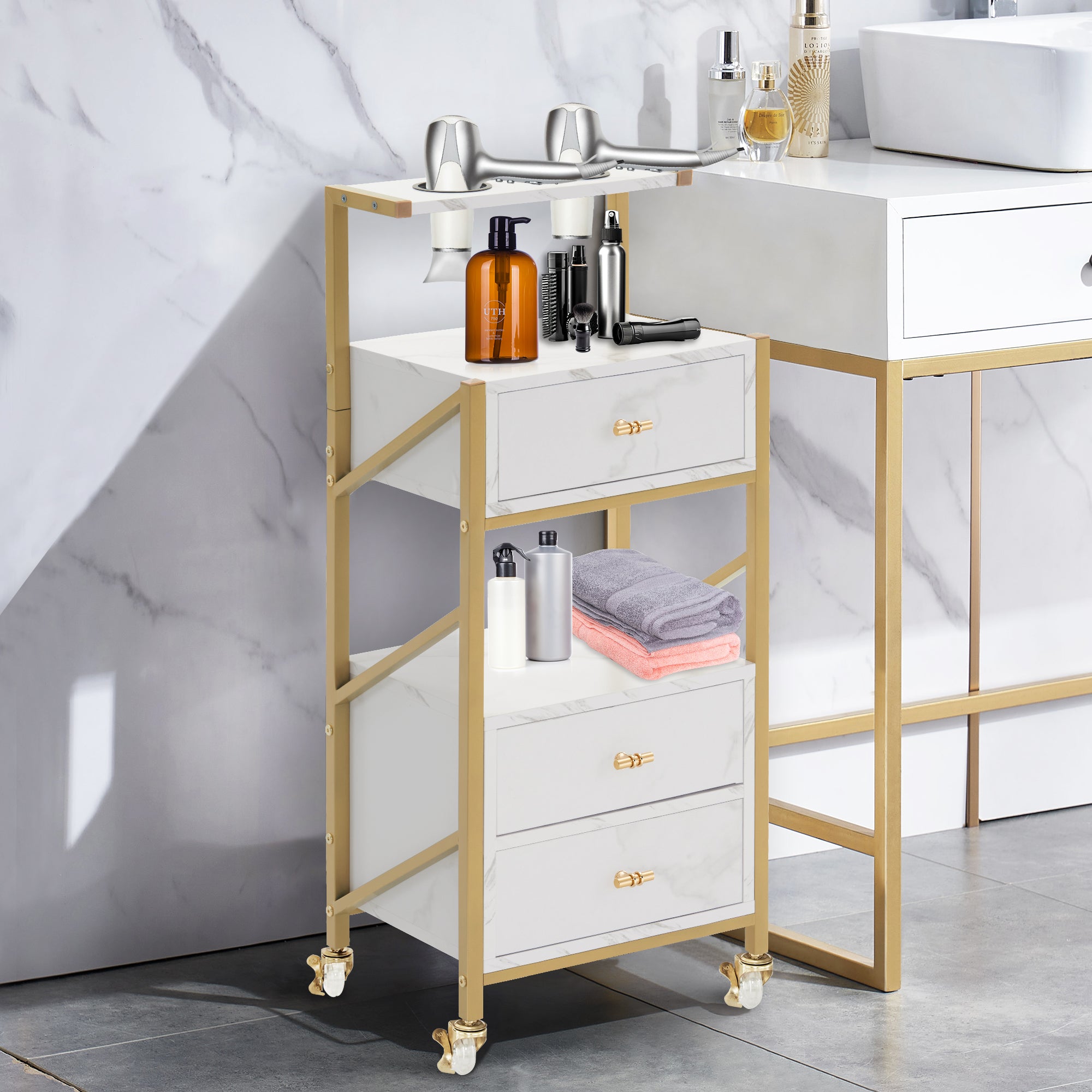 kapperswagen met wielen & 3 lades, wit-goud, salontrolley met 2 planken & 2 föhnhouders, 30x40x97cm, 0048 – foto 2