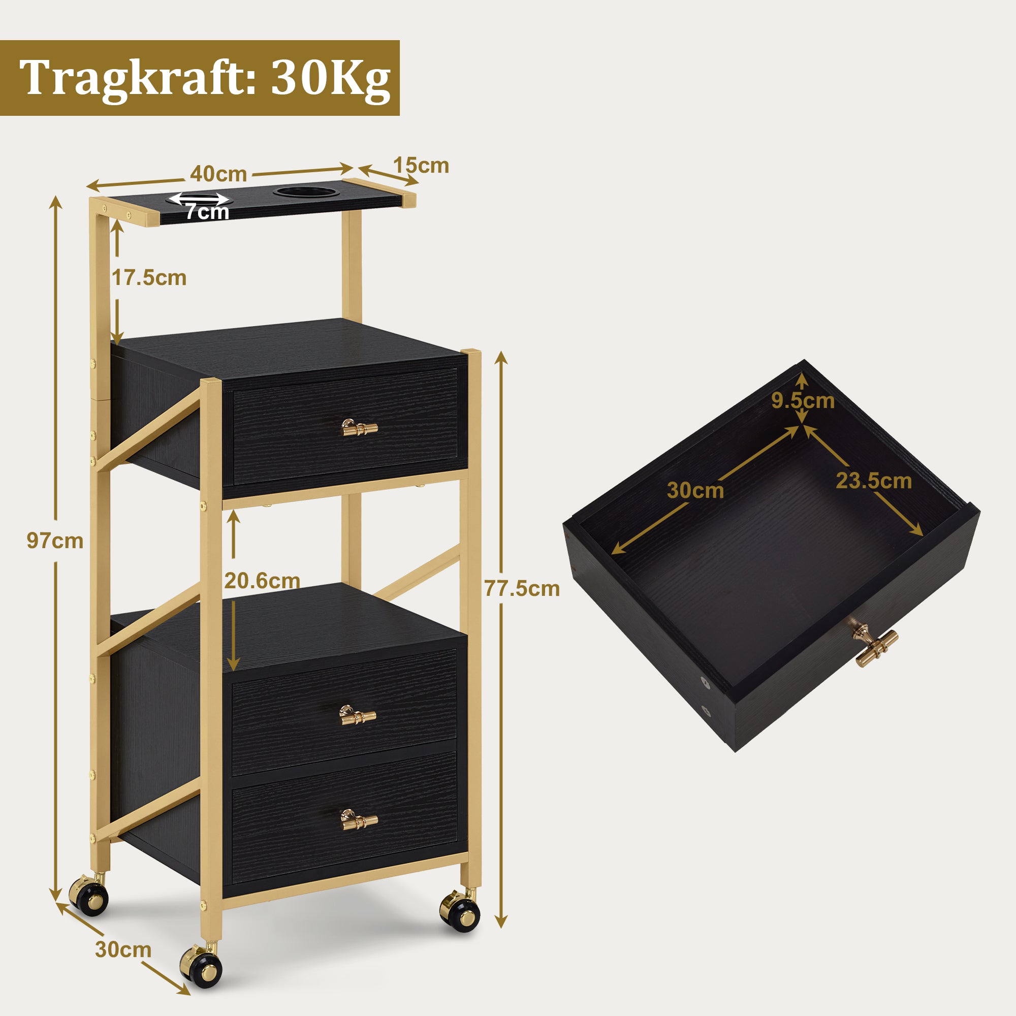 kapperswagen met wielen & 3 lades, wit-goud, salontrolley met 2 planken & 2 föhnhouders, 30x40x97cm, 0048 – foto 11