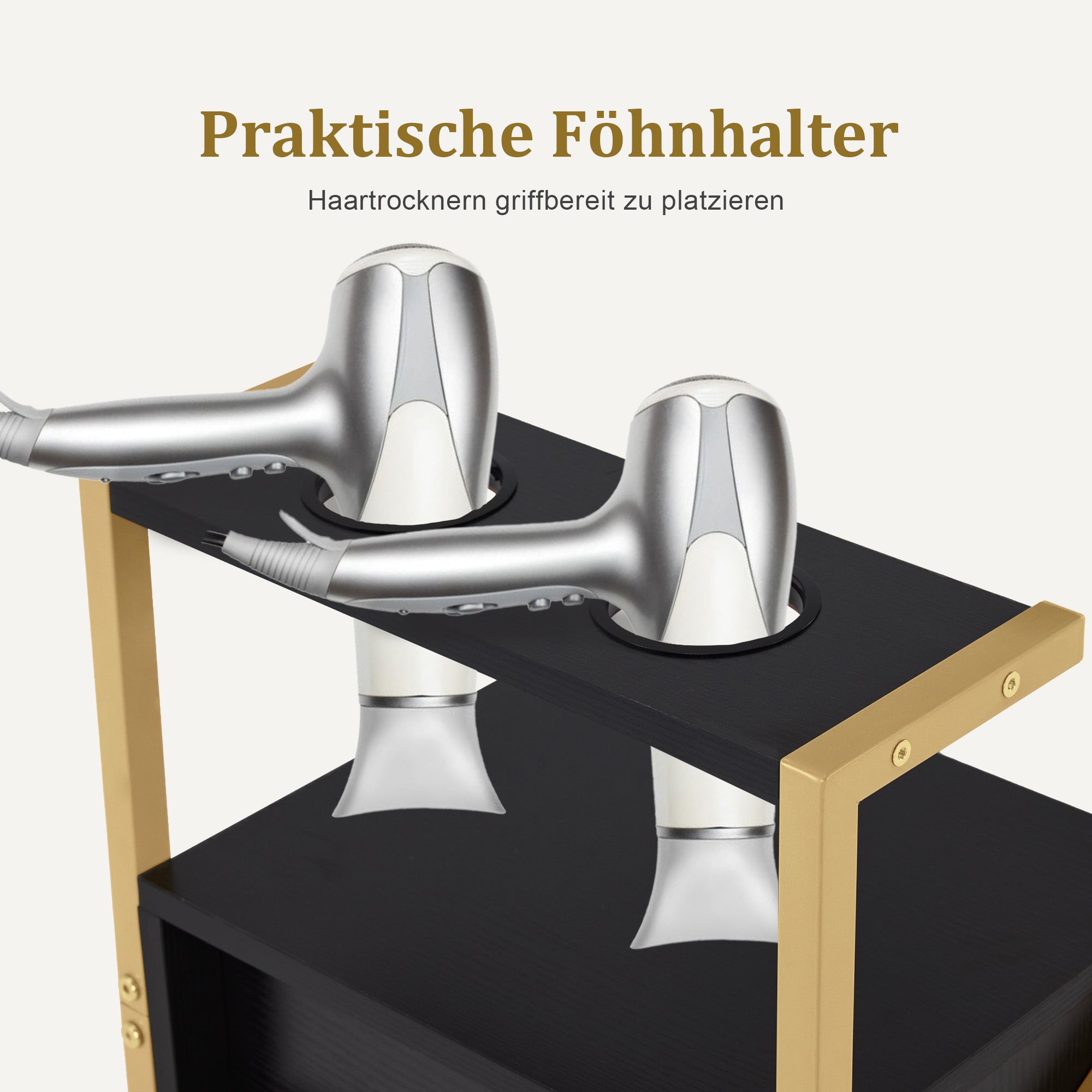 kapperswagen met wielen & 3 lades, wit-goud, salontrolley met 2 planken & 2 föhnhouders, 30x40x97cm, 0048 – foto 12