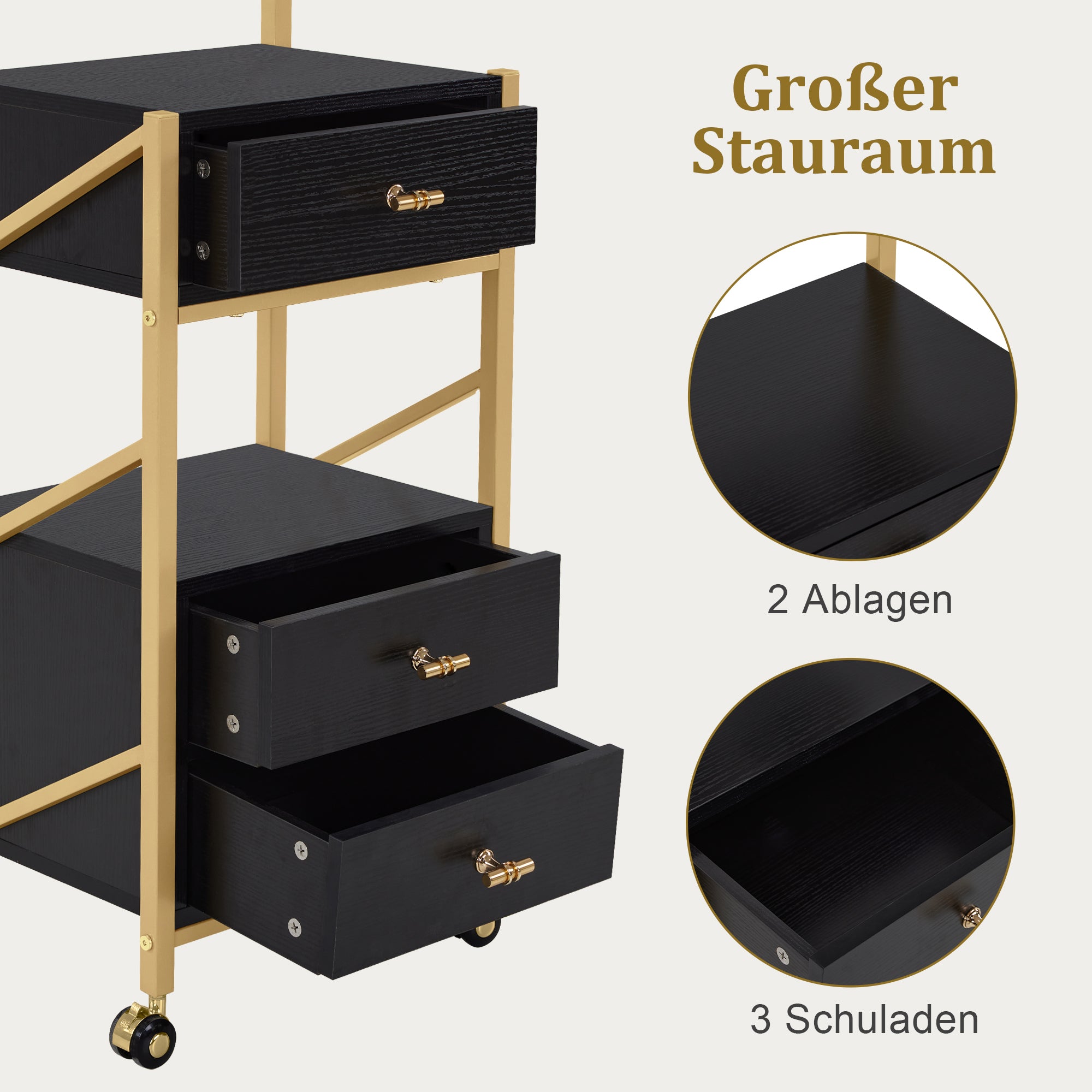 kapperswagen met wielen & 3 lades, wit-goud, salontrolley met 2 planken & 2 föhnhouders, 30x40x97cm, 0048 – foto 13