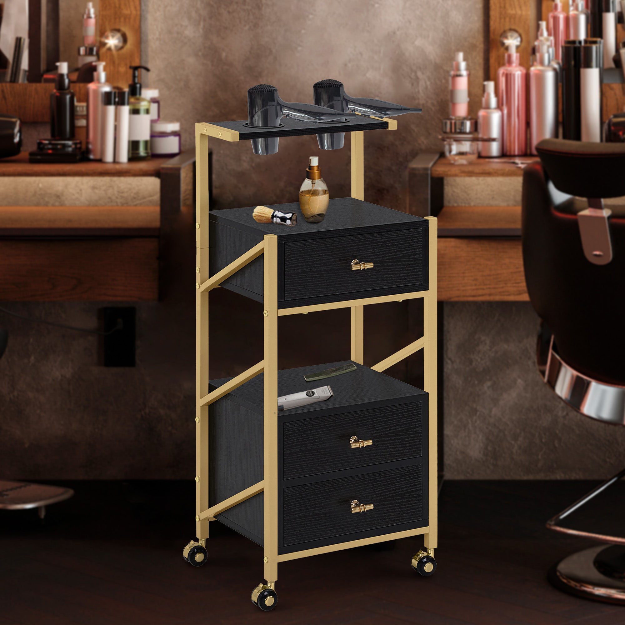 kapperswagen met wielen & 3 lades, wit-goud, salontrolley met 2 planken & 2 föhnhouders, 30x40x97cm, 0048 – foto 16