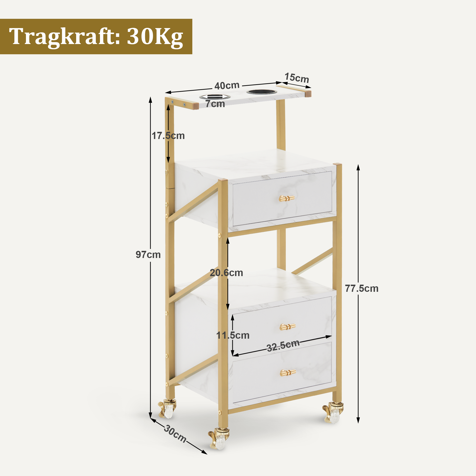 kapperswagen met wielen & 3 lades, wit-goud, salontrolley met 2 planken & 2 föhnhouders, 30x40x97cm, 0048 – foto 3