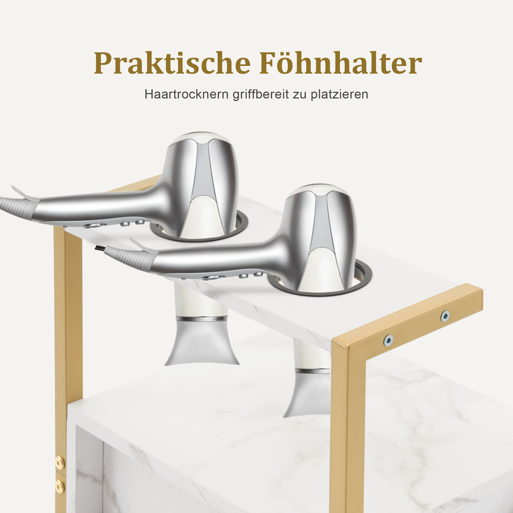 kapperswagen met wielen & 3 lades, wit-goud, salontrolley met 2 planken & 2 föhnhouders, 30x40x97cm, 0048 – foto 4