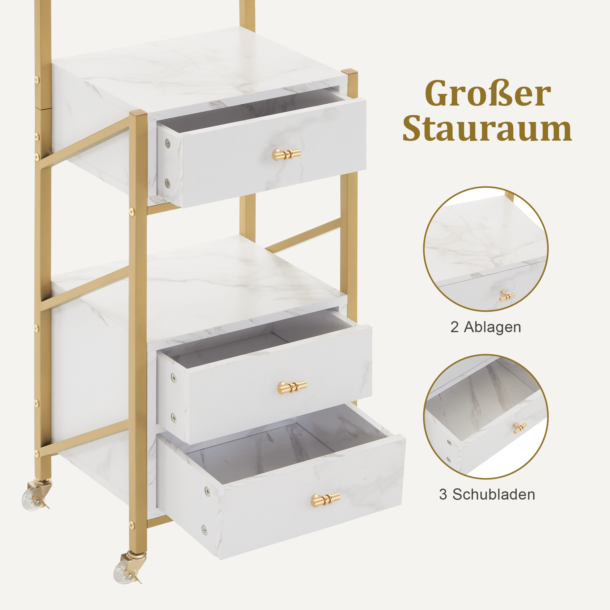 kapperswagen met wielen & 3 lades, wit-goud, salontrolley met 2 planken & 2 föhnhouders, 30x40x97cm, 0048 – foto 5