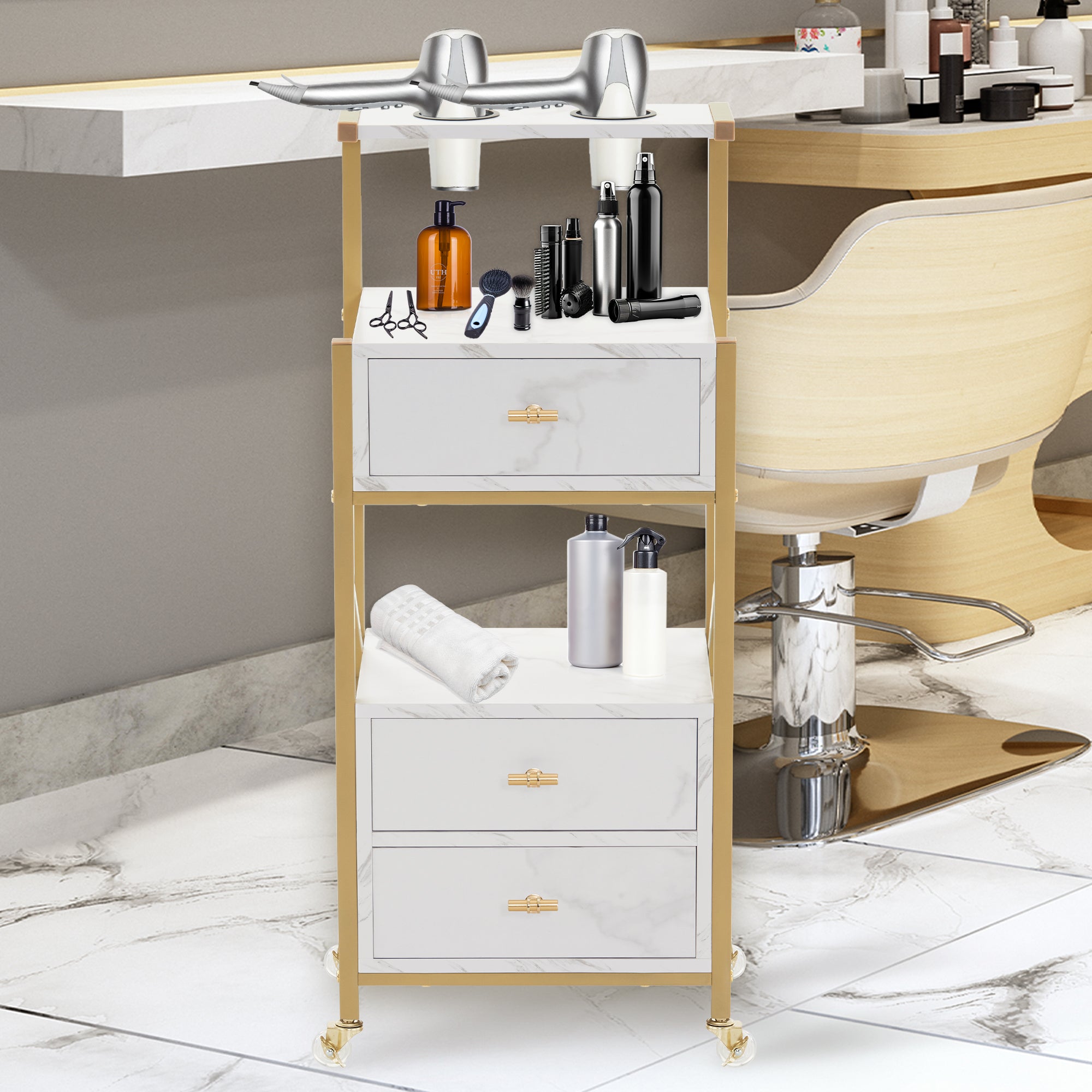 kapperswagen met wielen & 3 lades, wit-goud, salontrolley met 2 planken & 2 föhnhouders, 30x40x97cm, 0048 – foto 8