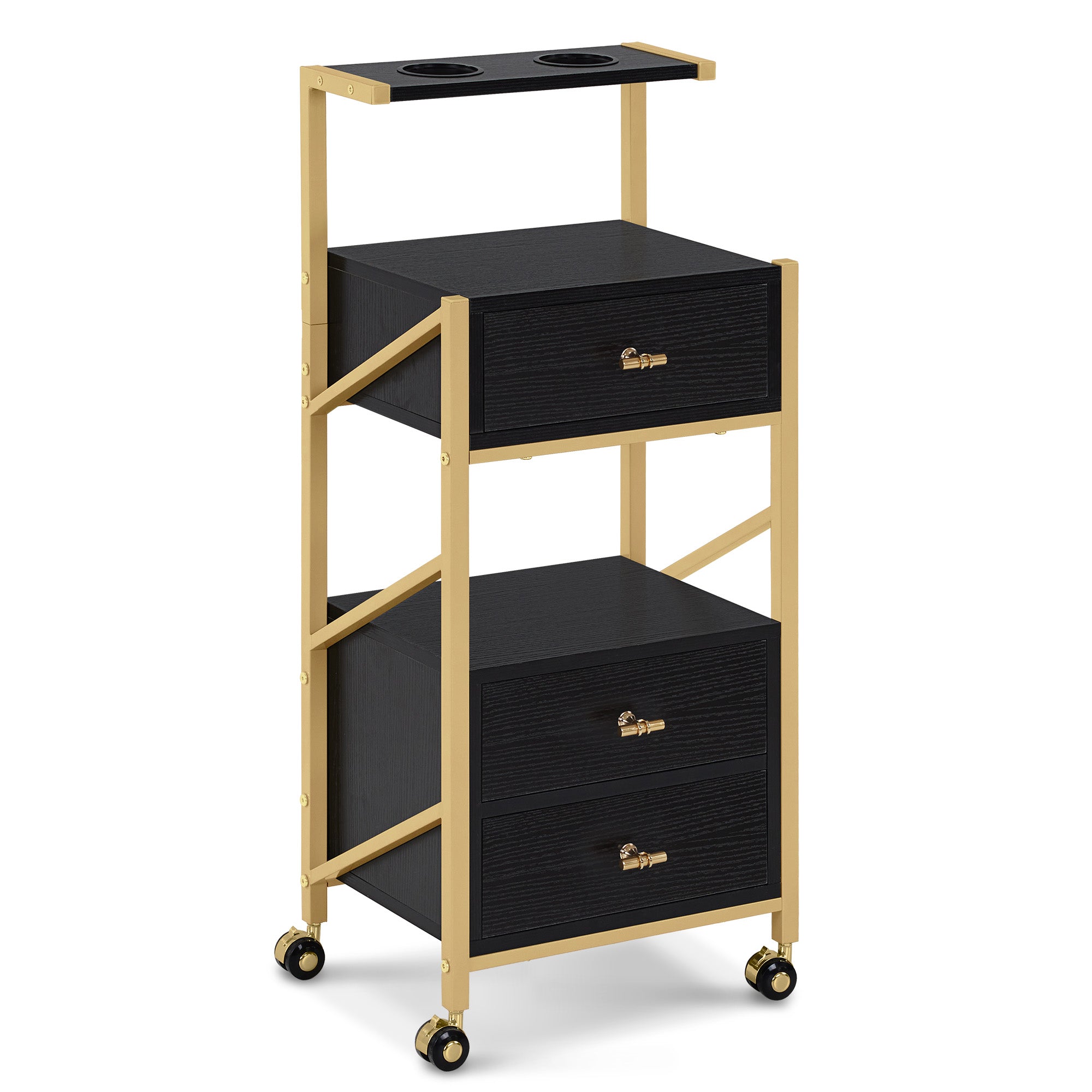 kapperswagen met wielen & 3 lades, wit-goud, salontrolley met 2 planken & 2 föhnhouders, 30x40x97cm, 0048 – foto 9
