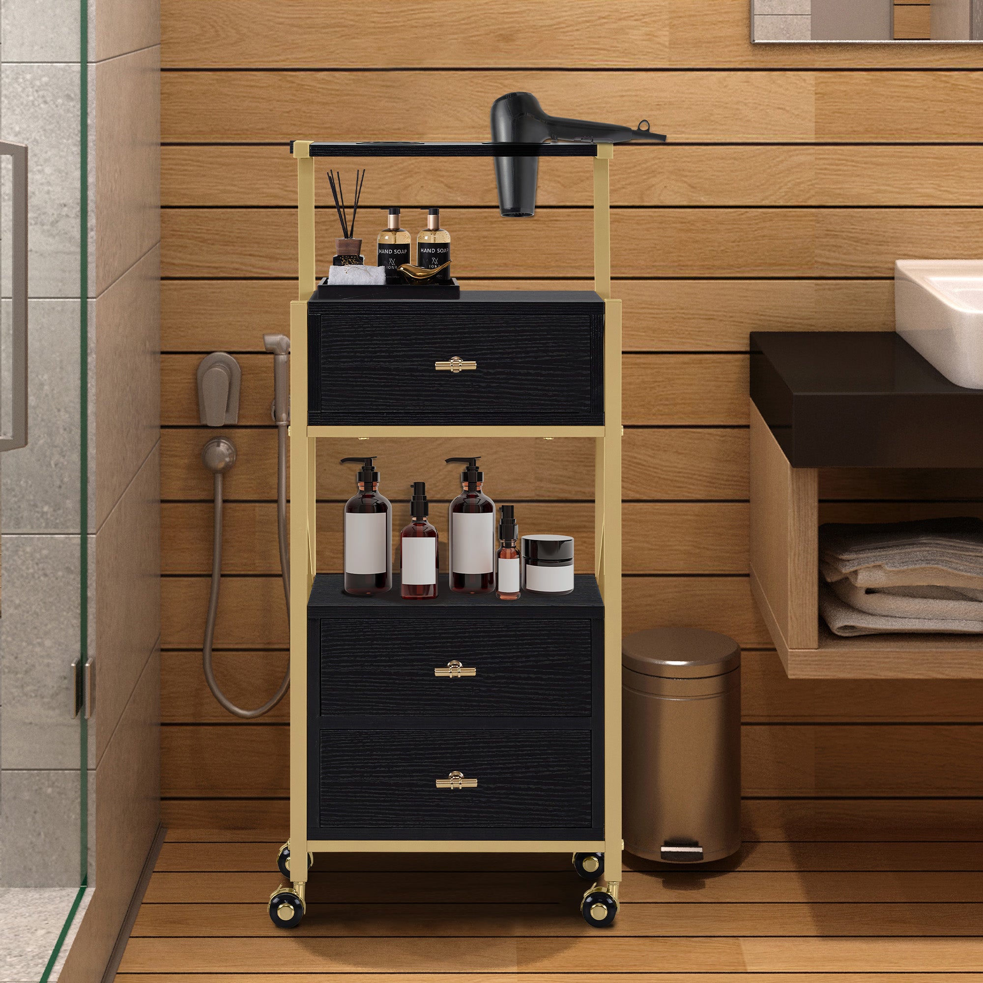 kapperswagen met wielen & 3 lades, wit-goud, salontrolley met 2 planken & 2 föhnhouders, 30x40x97cm, 0048 – foto 10