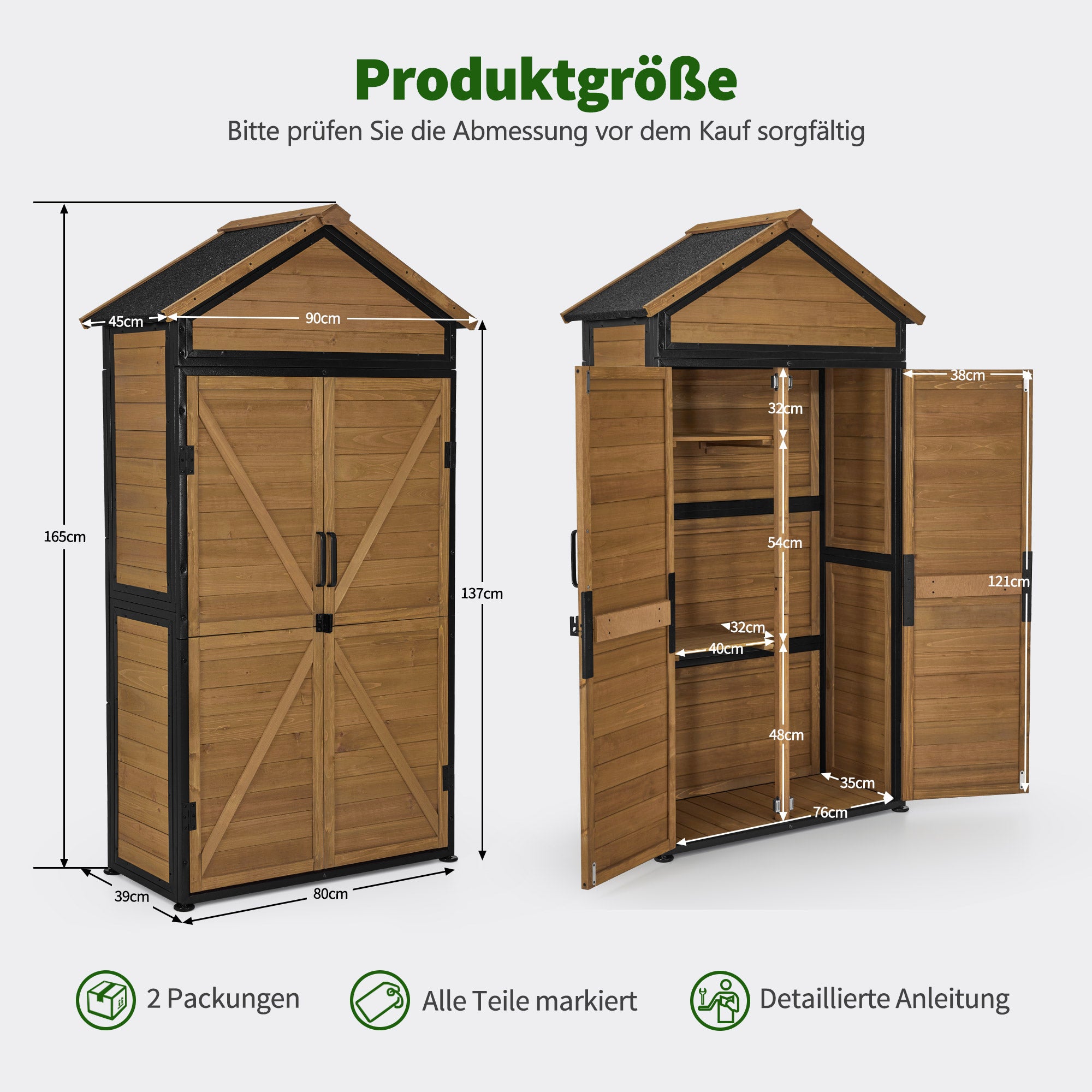 Houten Tuinkast met Metalen Frame - weerbestendig & 2 planken, 45x90x165 cm – foto 2