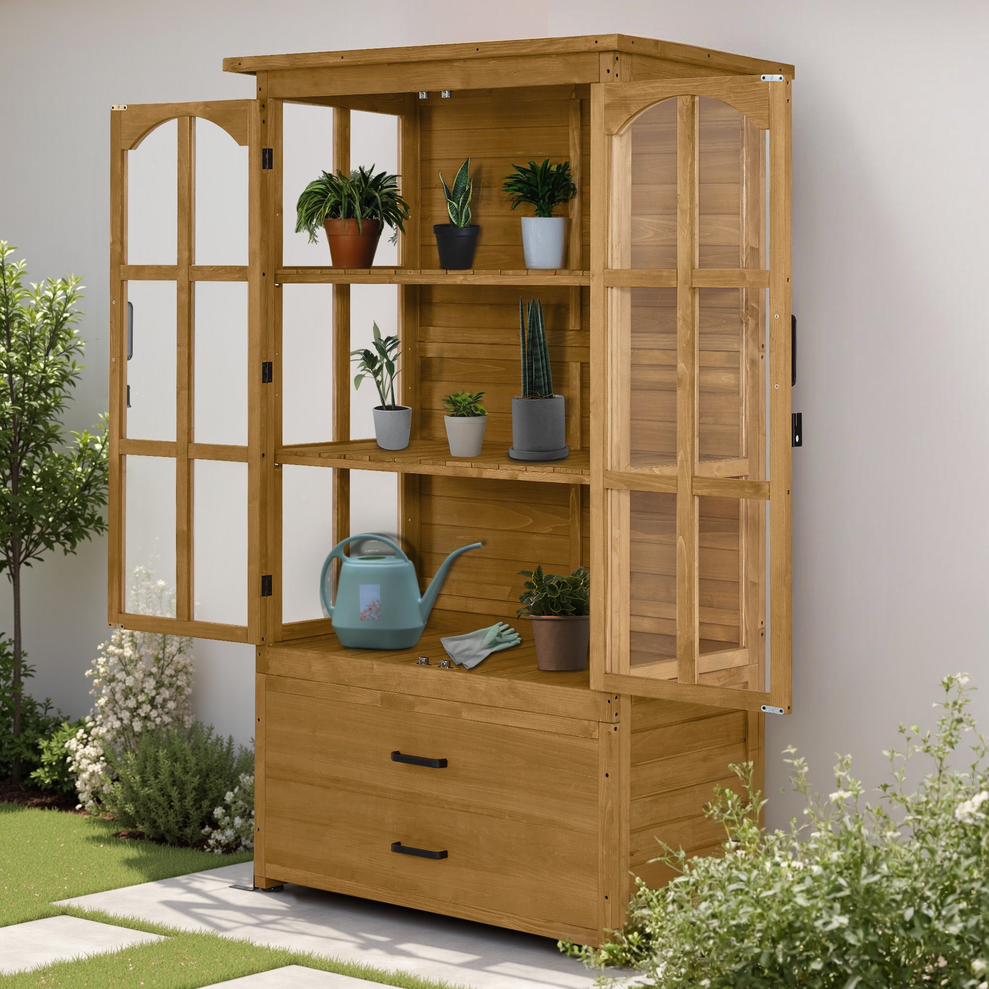 Houten Tuinkast Weerbestendig, Buitenopslag met 2 Verplaatsbare Schappen, 58×107×180 cm – foto 2