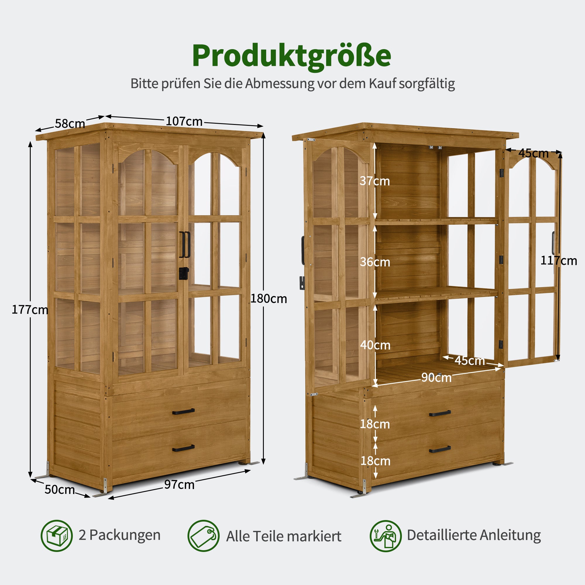 Houten Tuinkast Weerbestendig, Buitenopslag met 2 Verplaatsbare Schappen, 58×107×180 cm – foto 3