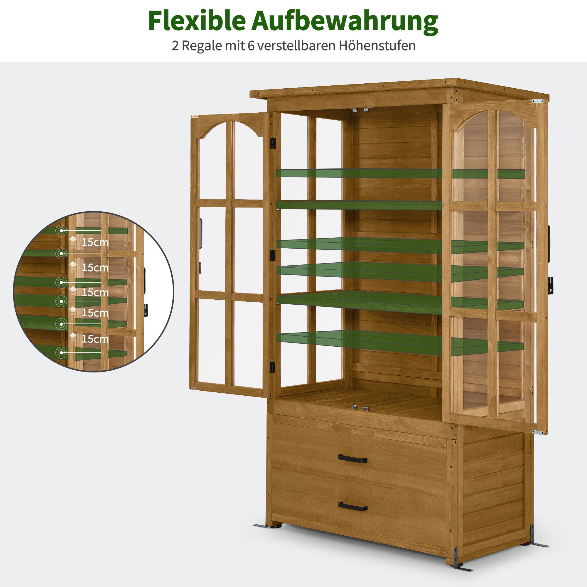 Houten Tuinkast Weerbestendig, Buitenopslag met 2 Verplaatsbare Schappen, 58×107×180 cm – foto 4