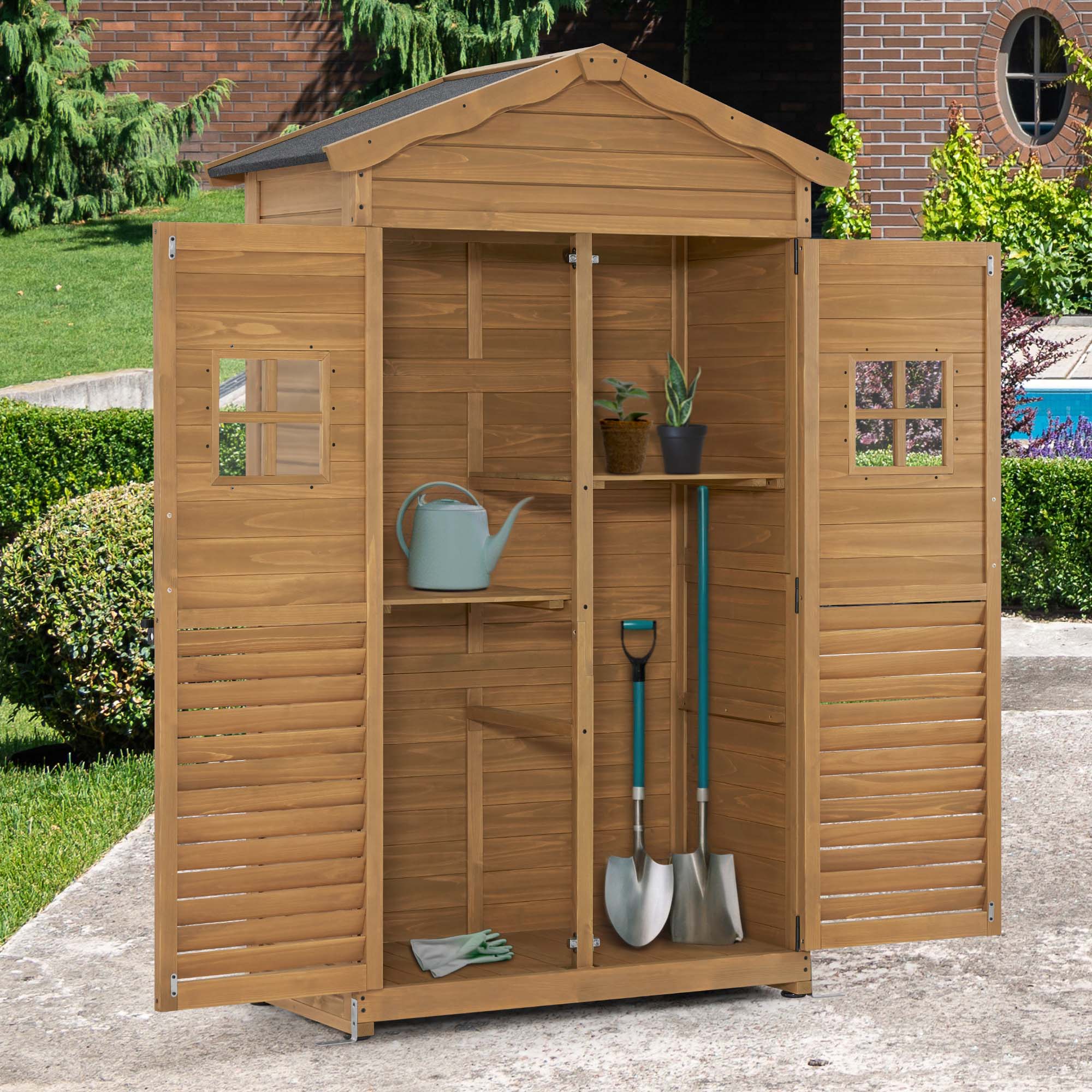 Houten Tuinkast Weerbestendig, Buitenopslag met 2 Verplaatsbare Schappen, 57×109×180 cm – foto 2