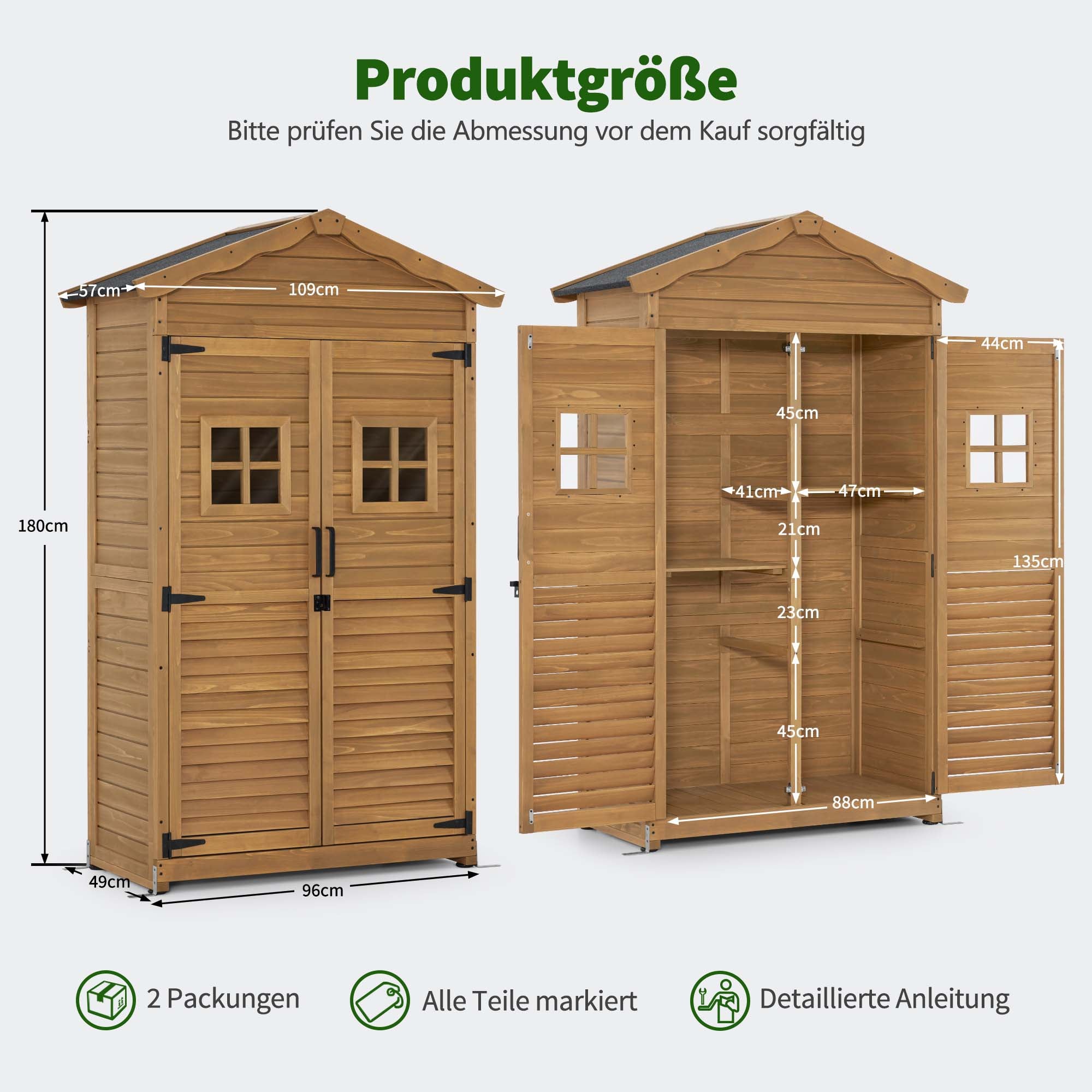 Houten Tuinkast Weerbestendig, Buitenopslag met 2 Verplaatsbare Schappen, 57×109×180 cm – foto 3