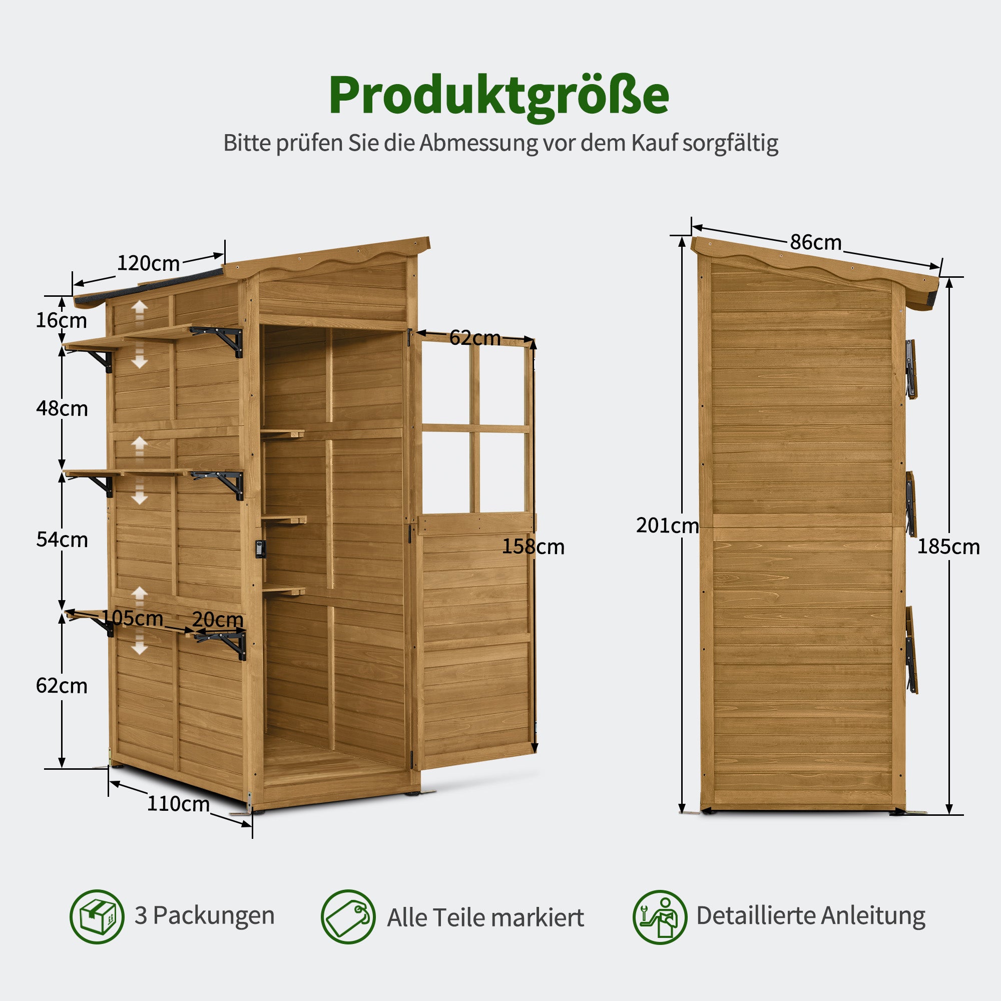 Houten Tuinkast Weerbestendig, Buitenopslag met 3 Vaste Schappen, 120×86×201 cm – foto 3