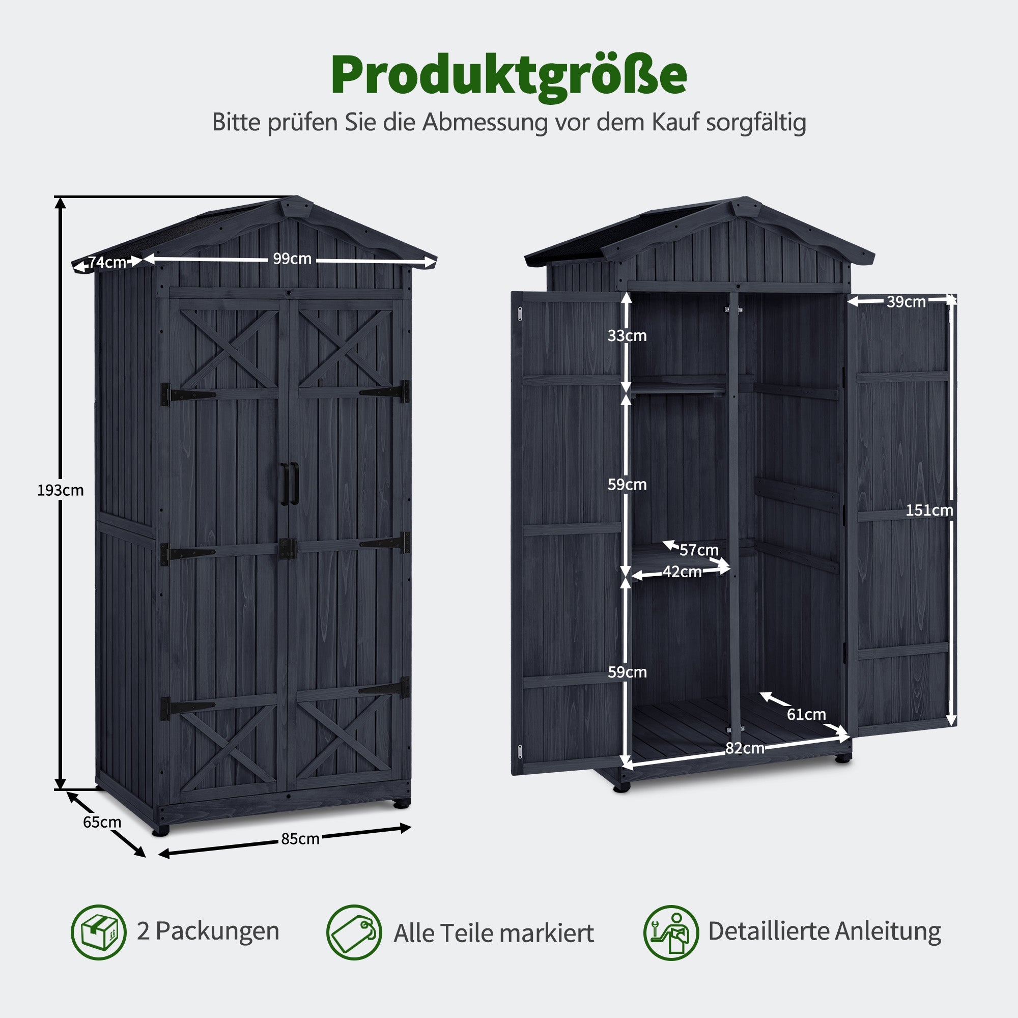 Tuinkast Hout Weerbestendig, Waterdicht incl. bodem, Antraciet, 74x99x193cm – foto 3