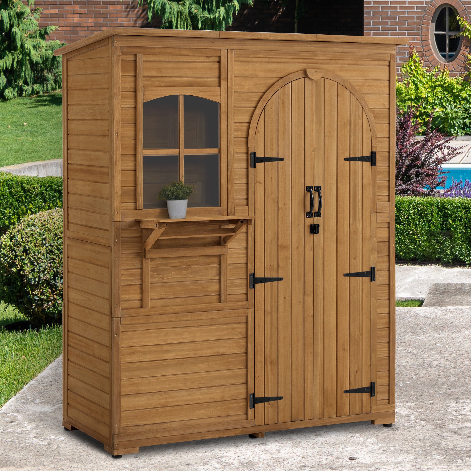 Houten Tuinkast Weerbestendig, Waterdicht Tuinhuisje Outdoor, 73x144x185 cm, 0926D (Natuur) – foto 2