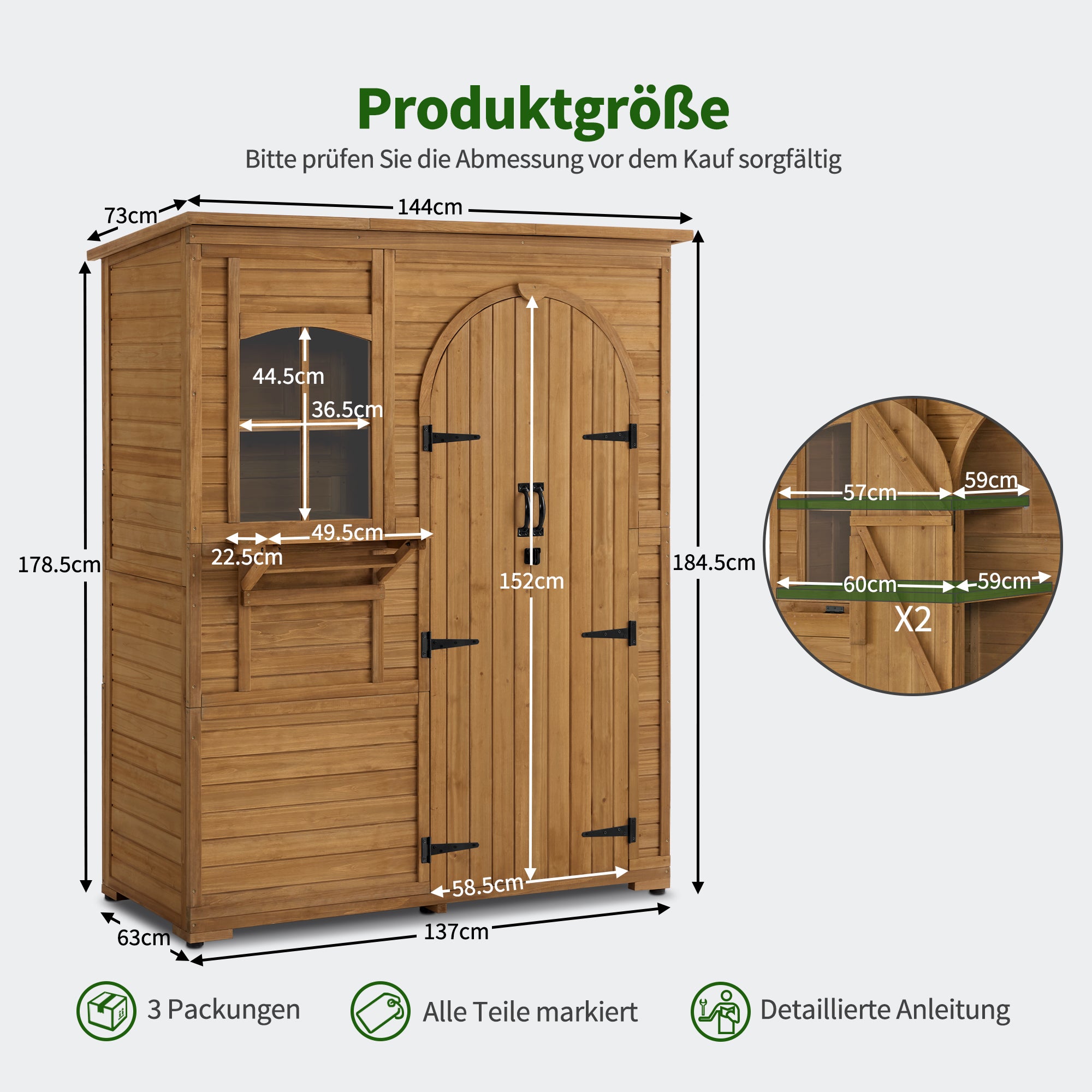 Houten Tuinkast Weerbestendig, Waterdicht Tuinhuisje Outdoor, 73x144x185 cm, 0926D (Natuur) – foto 3