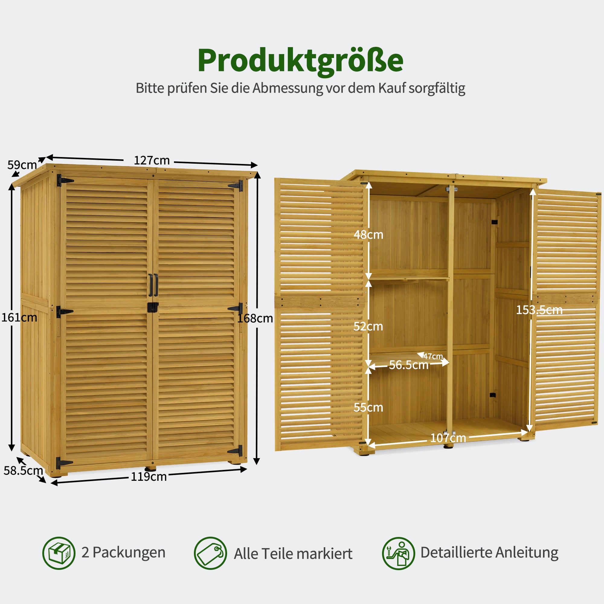 tuinkast hout, weerbestendig, buiten opslagruimte voor balkon & terras, 127×59×168 cm, 0901D (Naturel) – foto 3