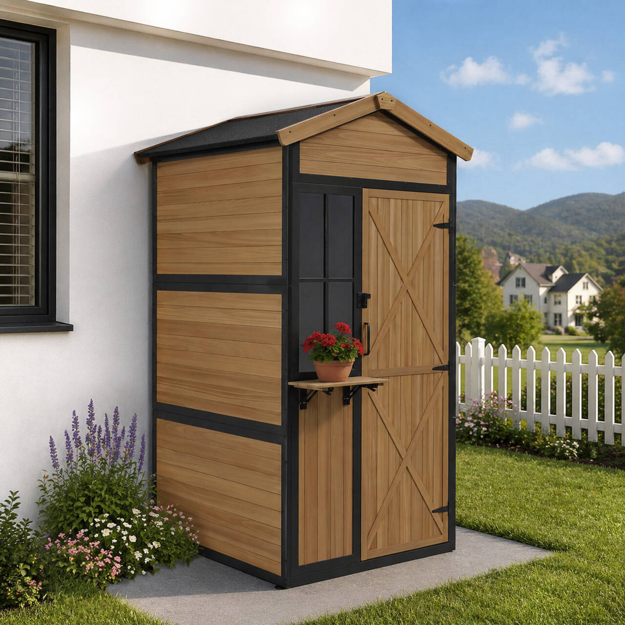 Houten Tuingkast met Metalen Frame, 3 Planken, Weerbestendig (Natuur) – foto 2