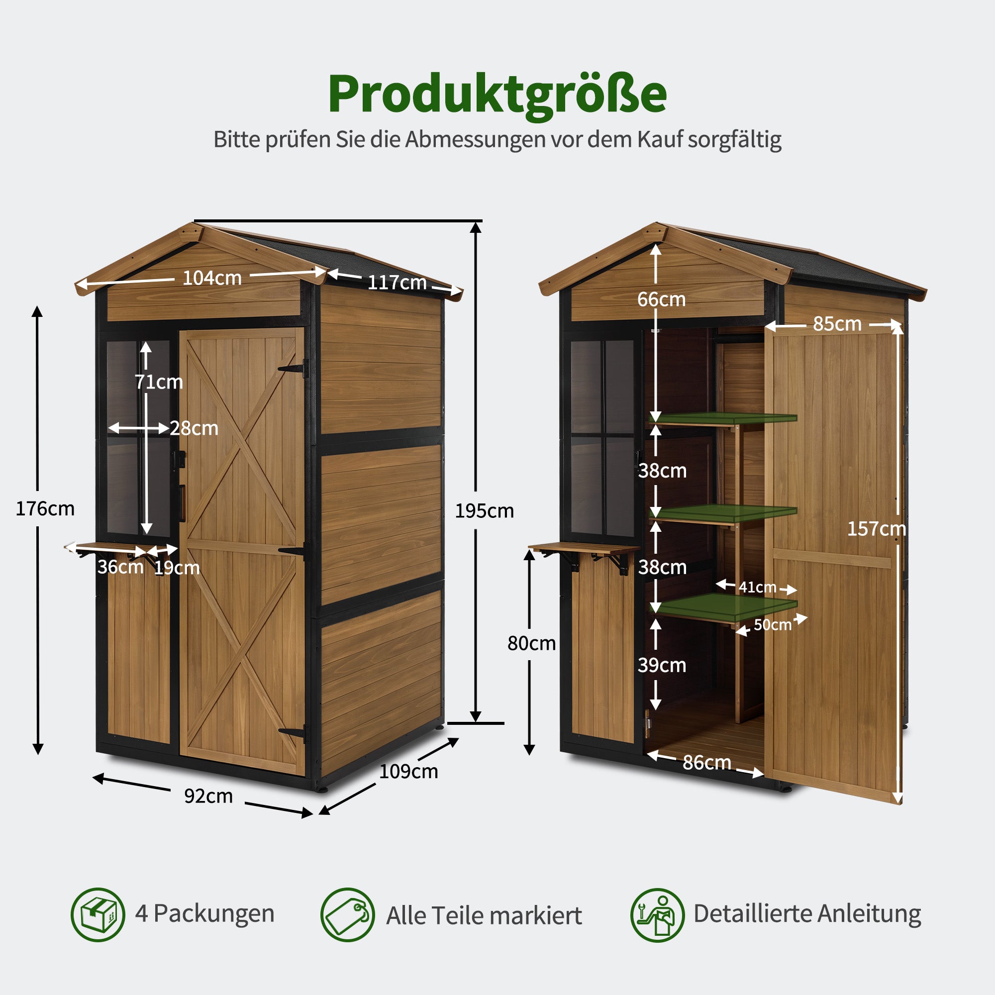 Houten Tuingkast met Metalen Frame, 3 Planken, Weerbestendig (Natuur) – foto 3