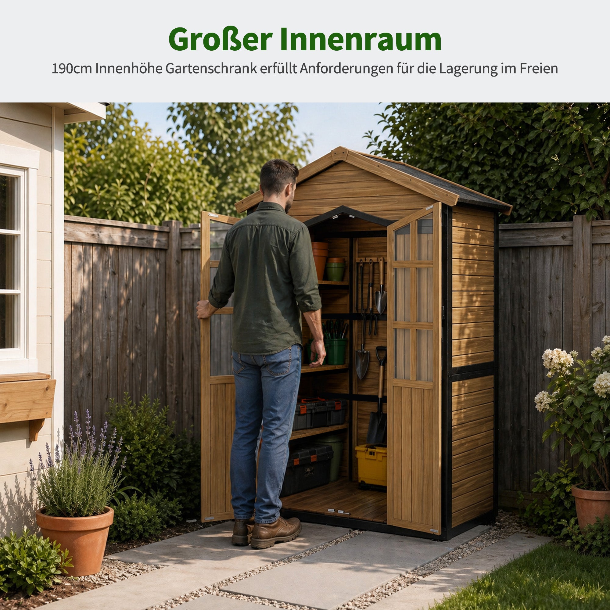 Houten Tuingkast met Metalen Frame, 6 Planken, Weerbestendig (Natuur) – foto 6