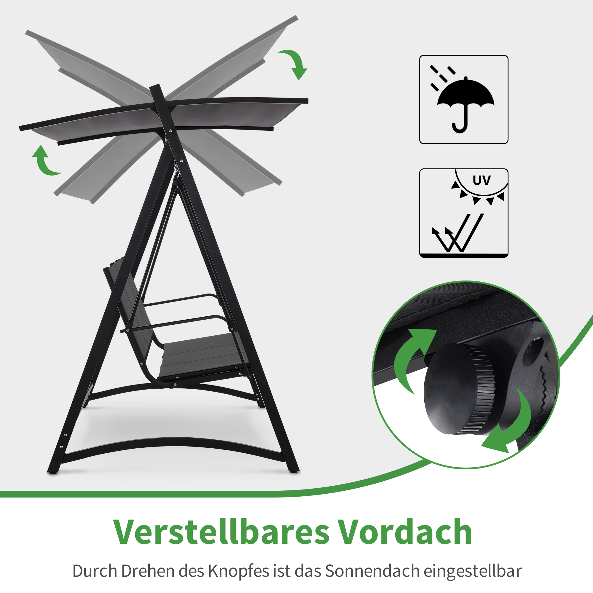 Hollywoodschommel 3-Zits, Verstelbaar Zonnedak, 300KG Draagvermogen, Donkergrijs, 8009 – foto 4