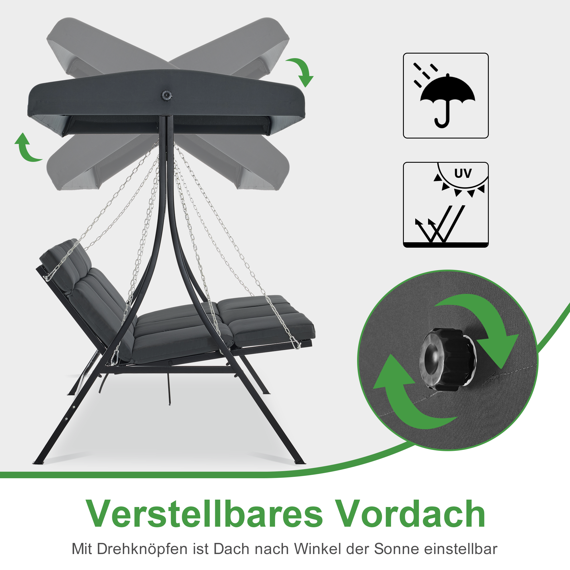 Hollywoodschommel met Ligfunctie, 3-Zits Weerbestendig, Verstelbaar Dak, Donkergrijs, 8018 – foto 6
